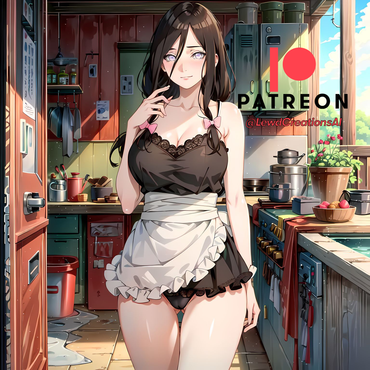 1girls, ai generated, apron, babydoll, barely clothed, blush, boruto: naruto next generations, breasts, brown hair, cleavage, curvaceous, female, female only, hyuuga hanabi, indoors, jordan53, kitchen, lavender eyes, light skin, light-skinned female, lingerie, long hair, nai diffusion, naruto, naruto (series), naruto: the last, panties, ribbons, solo, stable diffusion, underwear
