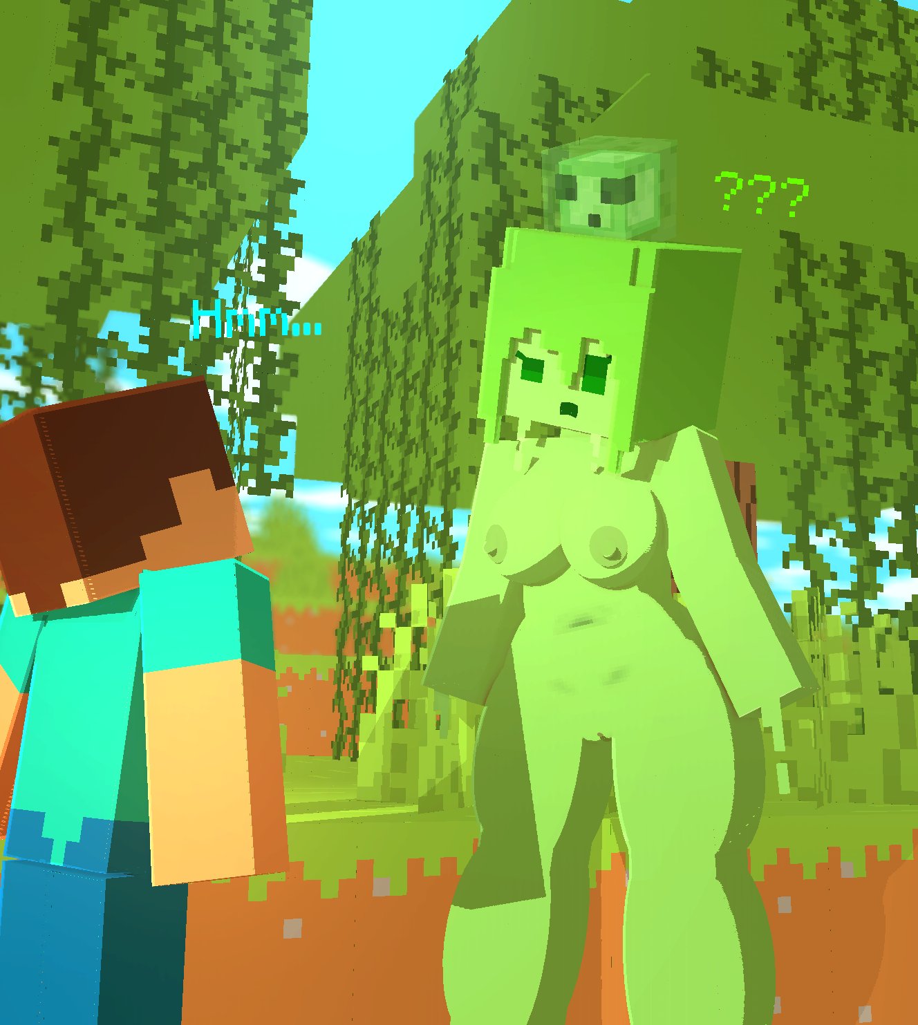 1boy 1girls 3d bean breasts clothed_male coresvoid erect_nipples female green_eyes green_hair green_skin horny_female human_male humanoid male mine-imator minecraft monster_girl nude_female outside slime_(minecraft) steve_(minecraft) swamp tagme wet_pussy