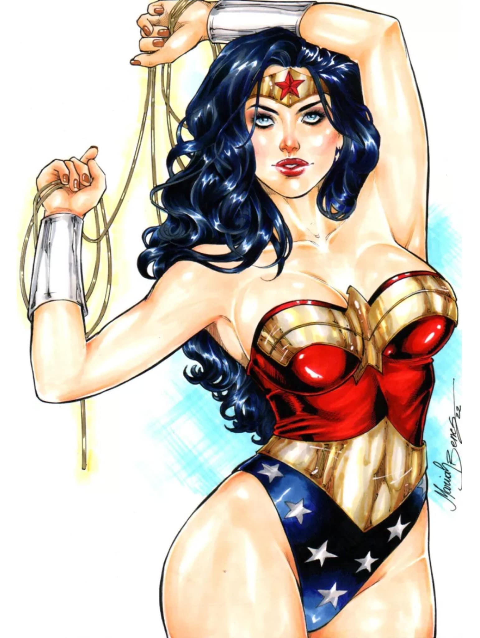 1girls 2022 amazon artist_signature big_breasts black_hair blue_eyes cleavage dc dc_comics diana_prince ed_benes_studio female female_only fully_clothed hourglass_figure lasso_of_truth long_black_hair long_hair mariah_benes solo superheroine tiara wavy_hair wonder_woman wonder_woman_(series) wristbands