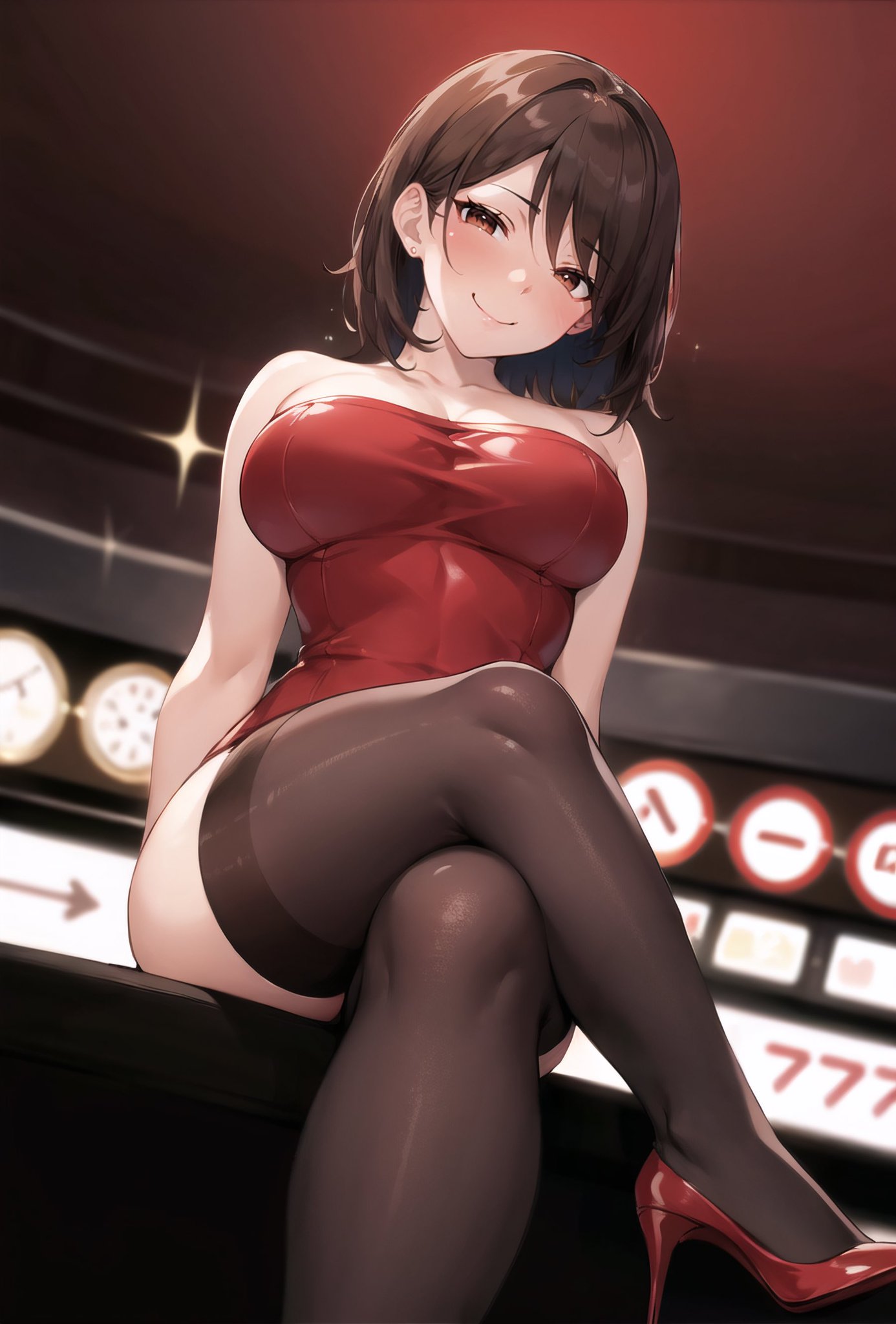 1girls ai_generated black_hair curvy_body curvy_figure dress female_focus high_heels huge_breasts legwear looking_at_viewer looking_down original original_character solo_female solo_focus stable_diffusion stockings stuffyai voluptuous voluptuous_female