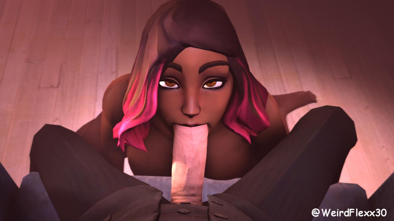 blowjob calamity_(fortnite) clothed clothing dark-skinned_female eye_contact fortnite fully_clothed fully_clothed_male interracial looking_at_partner nude nude_female penis penis_out pov_eye_contact the_reaper_(fortnite) weird_flexx