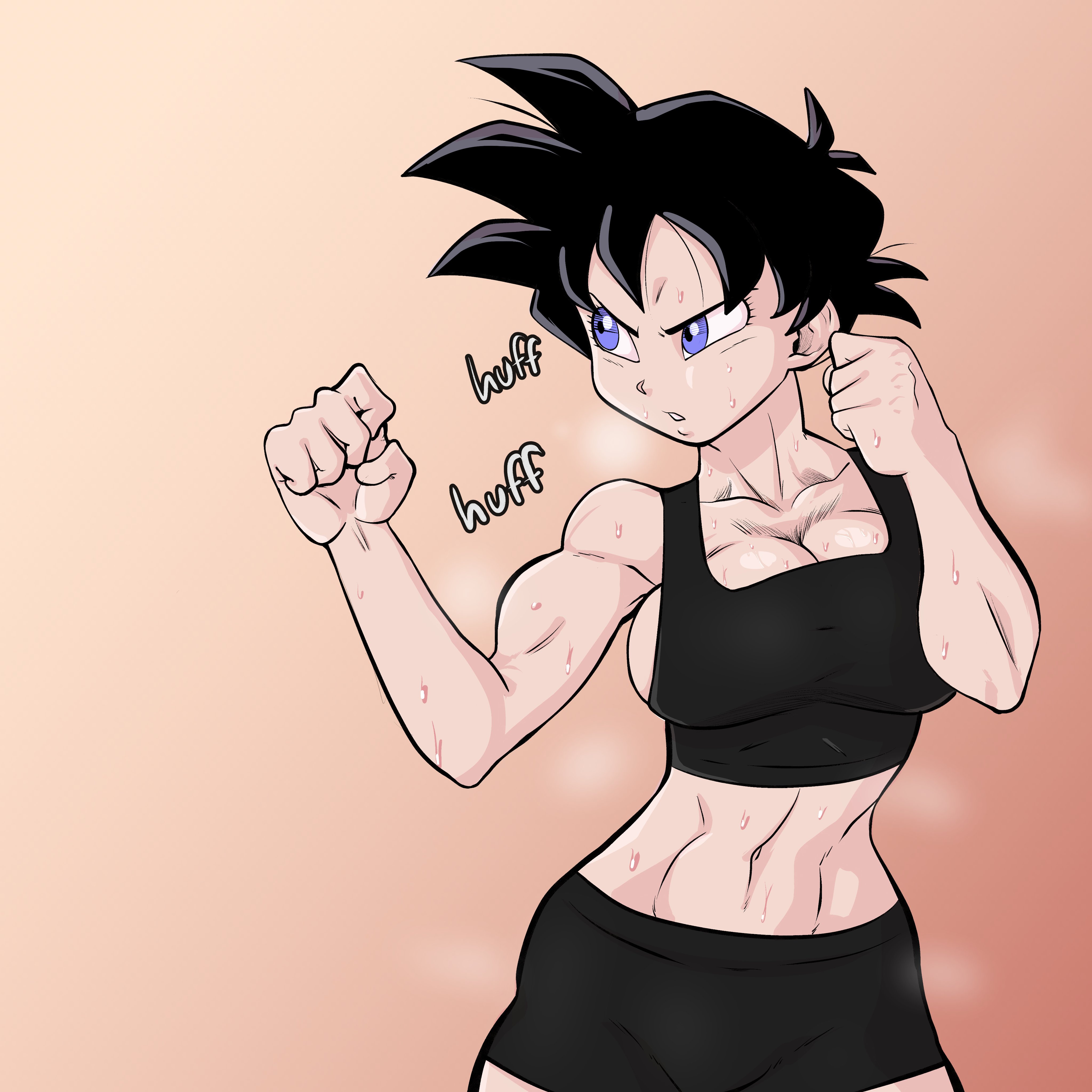 1girls, athletic, athletic female, bare midriff, big breasts, black hair, blue eyes, breasts, breath, breathing, cleavage, dragon ball, female, fighting stance, fit, fit female, heavy breathing, large breasts, midriff, muscular, muscular arms, muscular female, navel, pseudocel, short hair, shorts, solo, sweat, tagme, tank top, videl, workout clothes