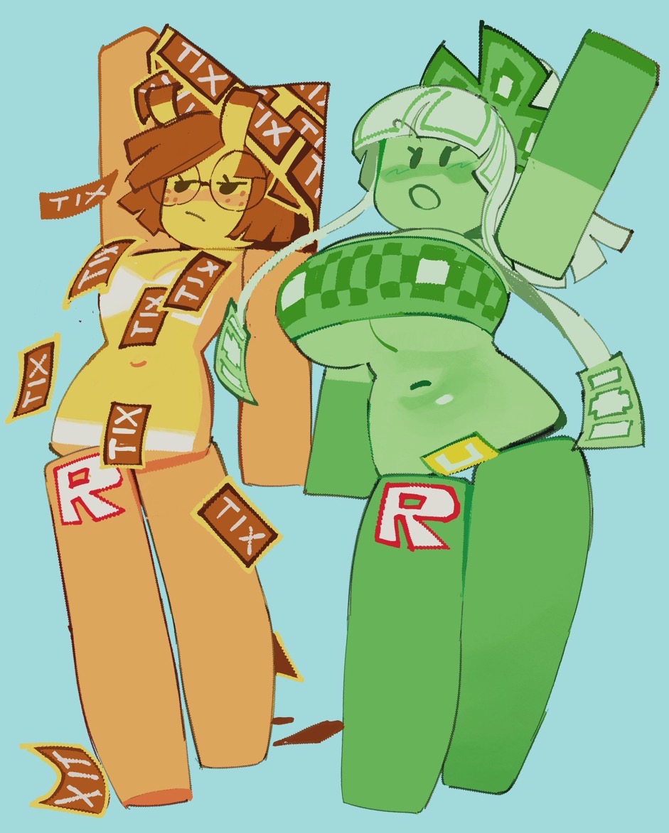 2girls ass big_breasts bikini blocky_body breasts butt female female_only freckles glasses green_body green_skin light_blue_background navel roblox robux small_breasts tagme tickets_(roblox) tix_(roblox) wamudraws waving yellow_body yellow_skin