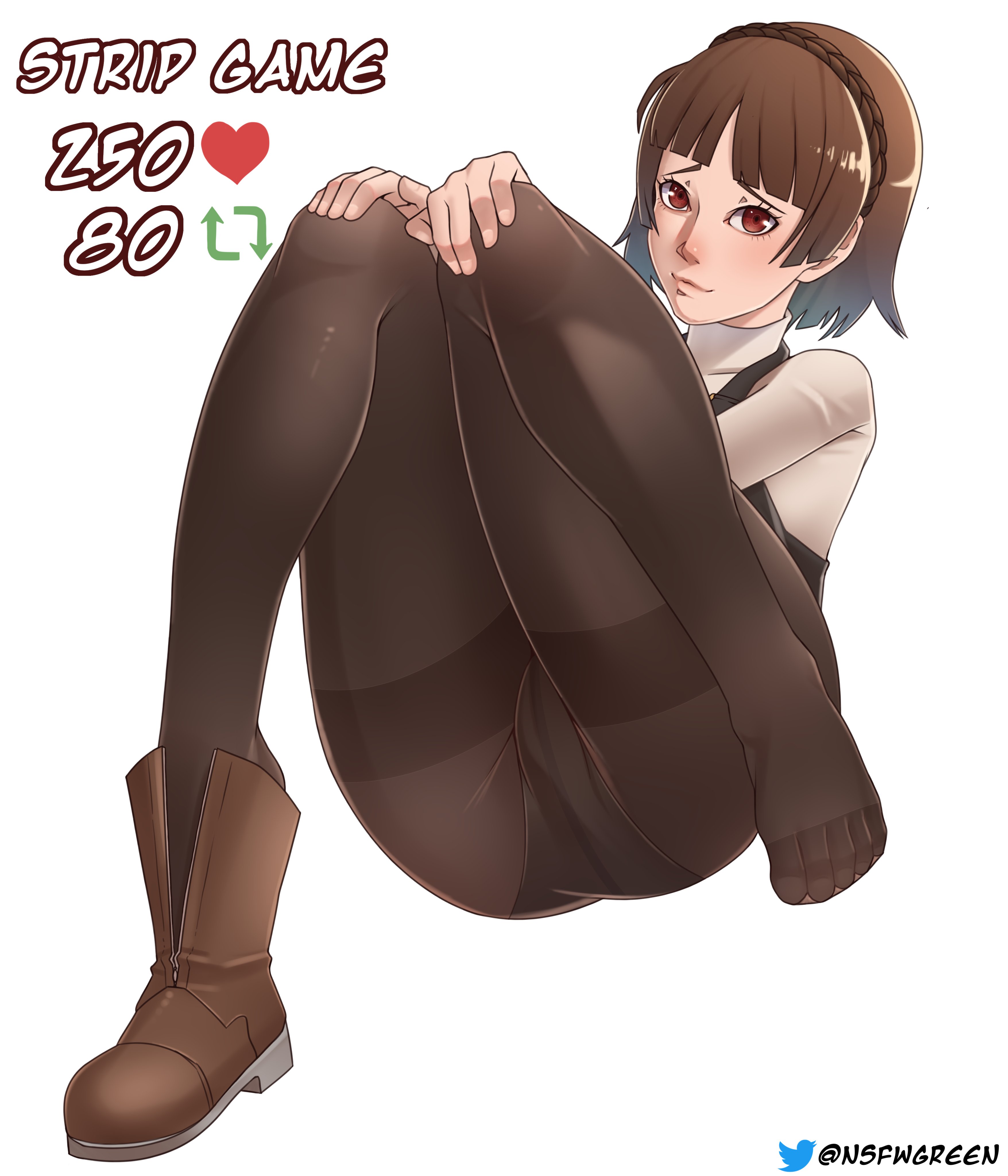 1girls, atlus, black panties, boots, brown hair, female, greencash, makoto niijima, megami tensei, nsfwgreen, panties, panties under pantyhose, pantyhose, persona, persona 5, red eyes, skirt, strip game, underwear, undressing, vest