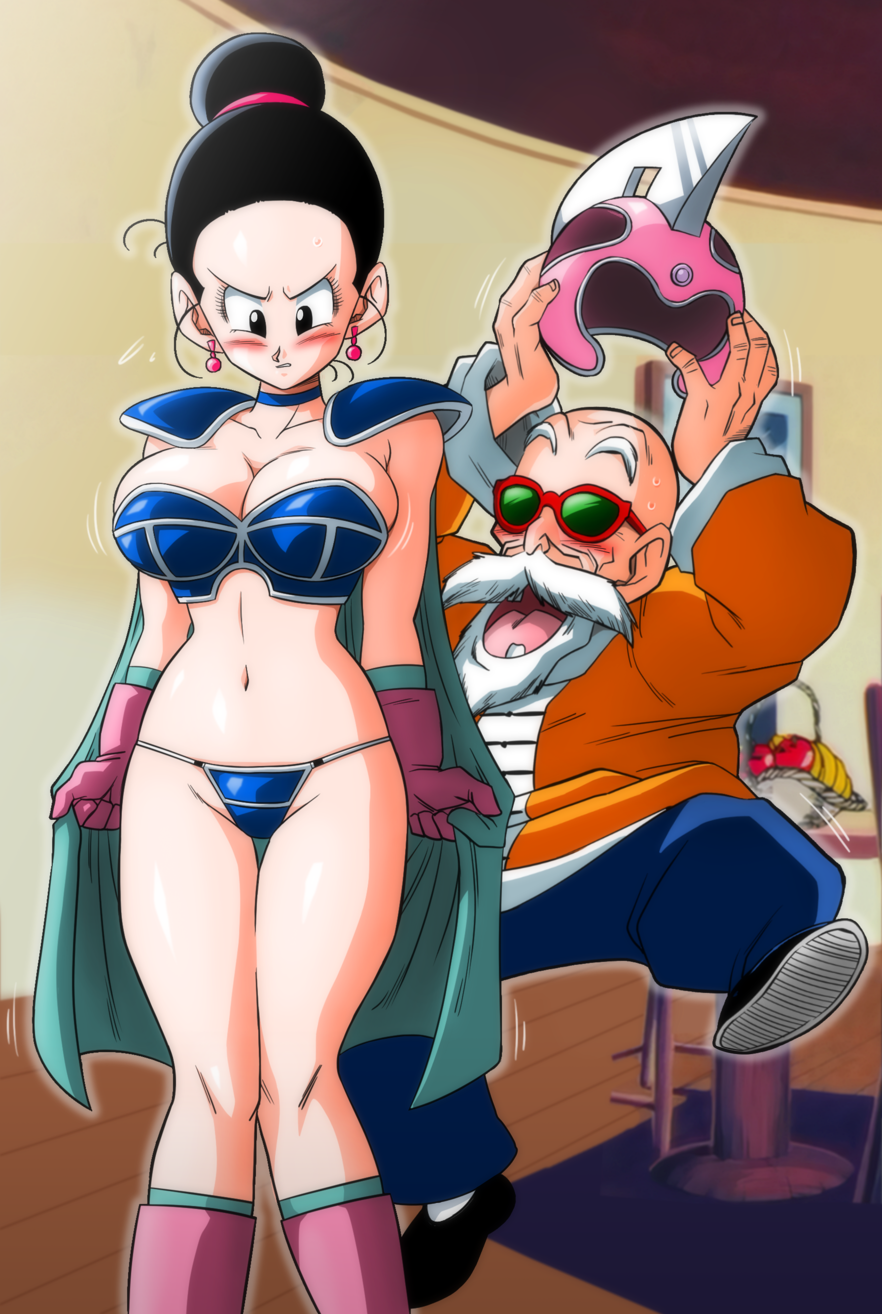 1boy, 1girls, 2d, age difference, big breasts, blush, breasts, cheating, cheating wife, chichi, chichi (majin buu saga), chichi's armor, chichi's helmet, child bearing hips, dragon ball, dragon ball z, female, footwear, full color, kame paradise 2, male, master roshi, muten roushi, no penetration, older male, tagme, yamamoto doujin, younger female