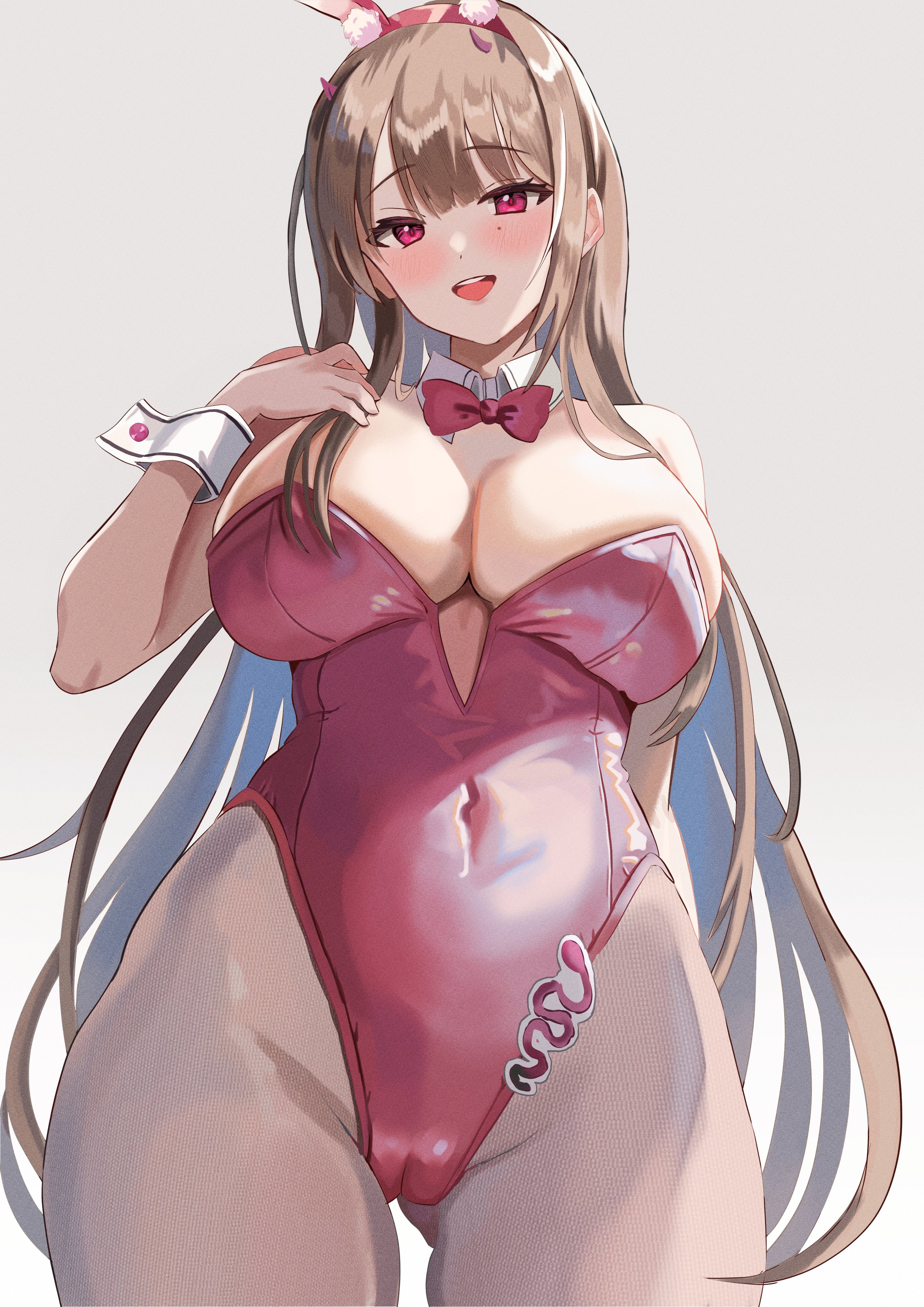 1girls, absurd res, alternate costume, big breasts, blonde hair, blush, bowtie, breasts, bunny ears, bunny girl, cleavage, collar, detached collar, exposed shoulders, female, goddess of victory: nikke, hair ornament, hand on hair, long hair, looking at viewer, mibu makoto, mole, mole under eye, official alternate costume, open mouth, pink bowtie, pink eyes, pink leotard, smile, solo, viper (nikke), viper (toxic rabbit) (nikke), white background, white leggings, white legwear