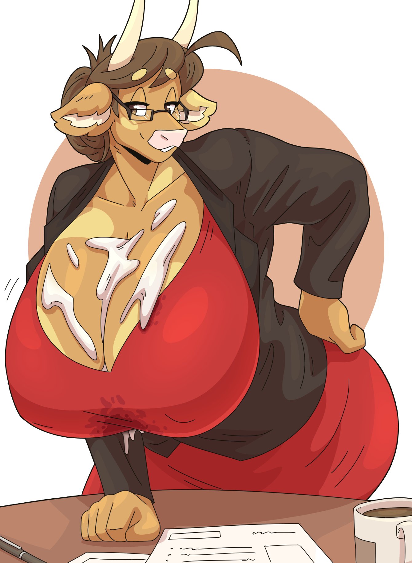 1girls, anthro, bent over, big breasts, bovine, breasts, brown eyes, brown hair, cleavage, cow ears, cow horns, cum, cum on breasts, female, female only, glasses, hi res, horns, huge breasts, leaning on table, light blush, looking at viewer, molly (slightlysimian), narrowed eyes, office lady, slightlysimian, smiling, smiling at viewer, solo