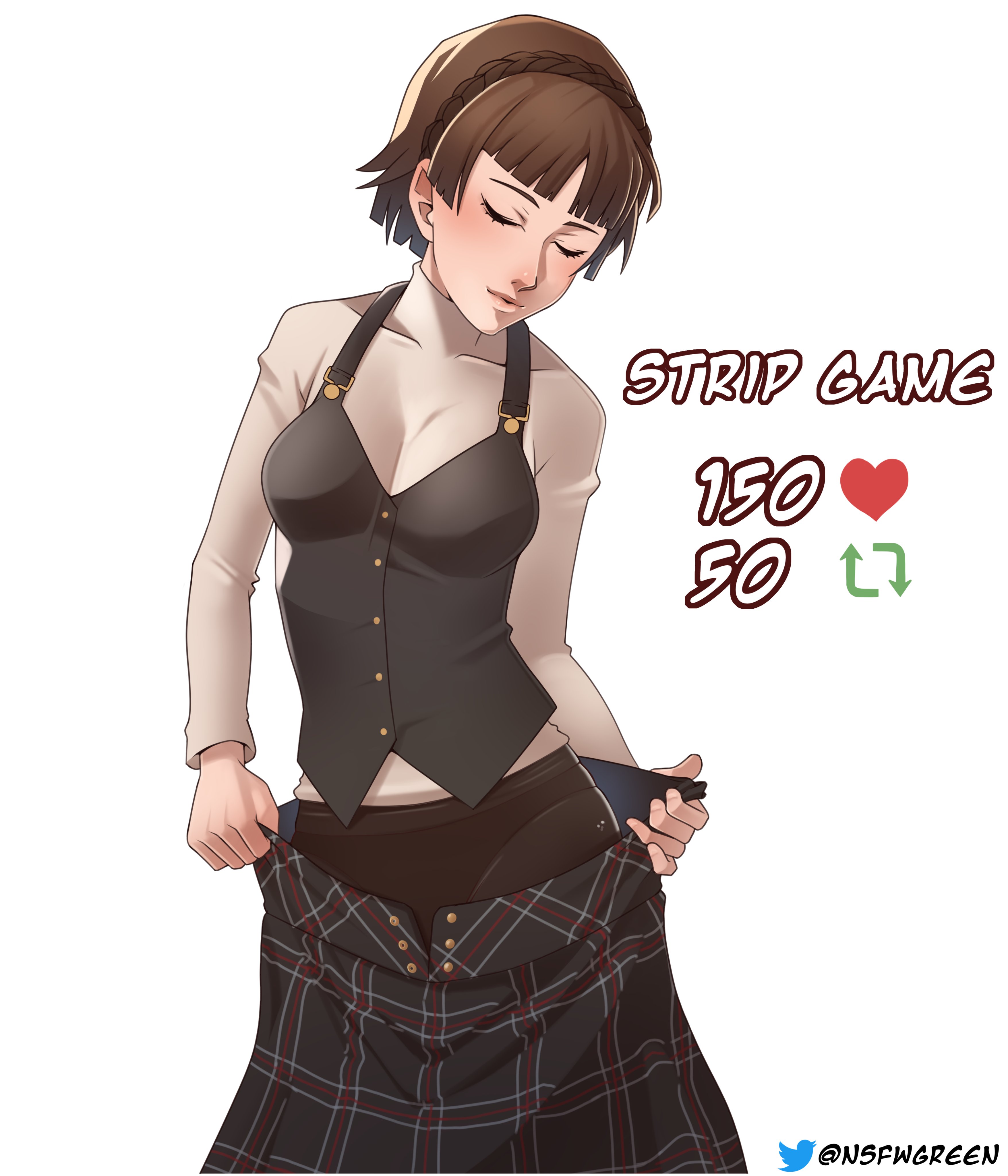 1girls, atlus, black panties, boots, brown hair, female, greencash, makoto niijima, megami tensei, nsfwgreen, panties, panties under pantyhose, pantyhose, persona, persona 5, persona 5 royal, red eyes, skirt, strip game, underwear, undressing, vest