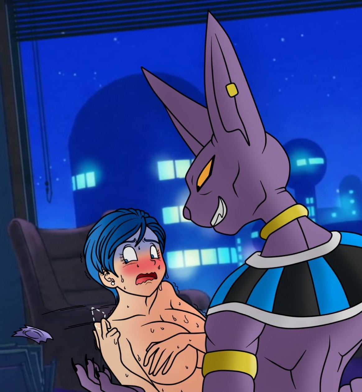 anthro, anthro on female, anthro on human, bedroom, beerus, big breasts, blush, breasts, bulma briefs, chair, condom, dragon ball, dragon ball super, female, god of destruction, imminent sex, interspecies, male, naked, nervous, night, no condom, nude, setthh98, sweat, sweating, sweating profusely