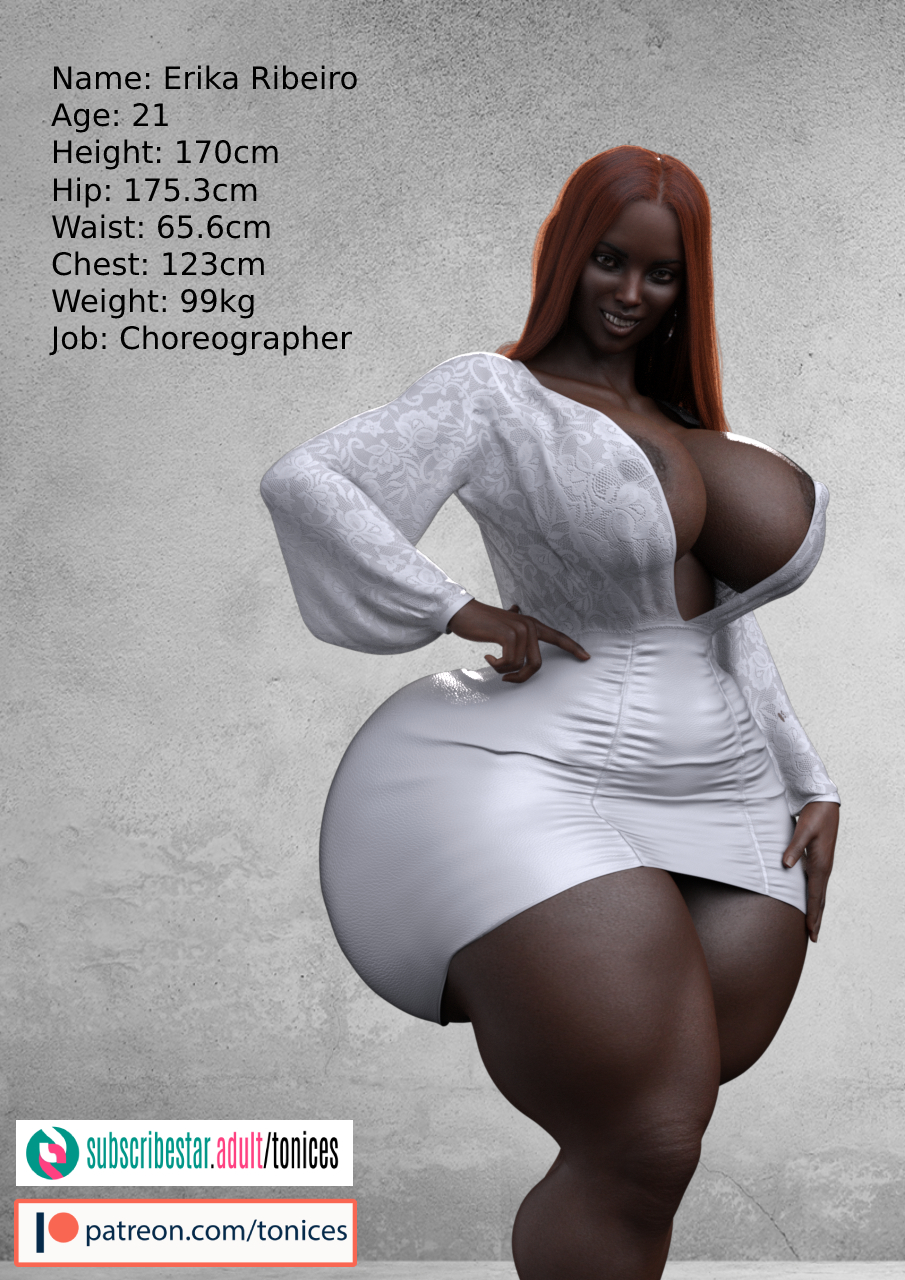 1girls, 3d, african female, ass, big breasts, bimbo, bottom heavy, breasts, brown body, brown skin, brown-skinned female, bubble ass, bubble butt, busty, character age, character bio, character height, character profile, character sheet, character weight, chest, cleavage, curvaceous, curvy, curvy figure, dark skin, dark-skinned female, enormous ass, erika (tonices), erika ribeiro, fat ass, female, female focus, female only, fit, fit female, gigantic ass, gigantic breasts, hips, hourglass figure, huge ass, huge breasts, human, hyper ass, lard ass, large ass, large breasts, legs, lips, massive ass, original, original character, reference sheet, thick, thick ass, thick hips, thick legs, thick thighs, thighs, three sizes, tonices, upper body, voluptuous, waist, wide hips