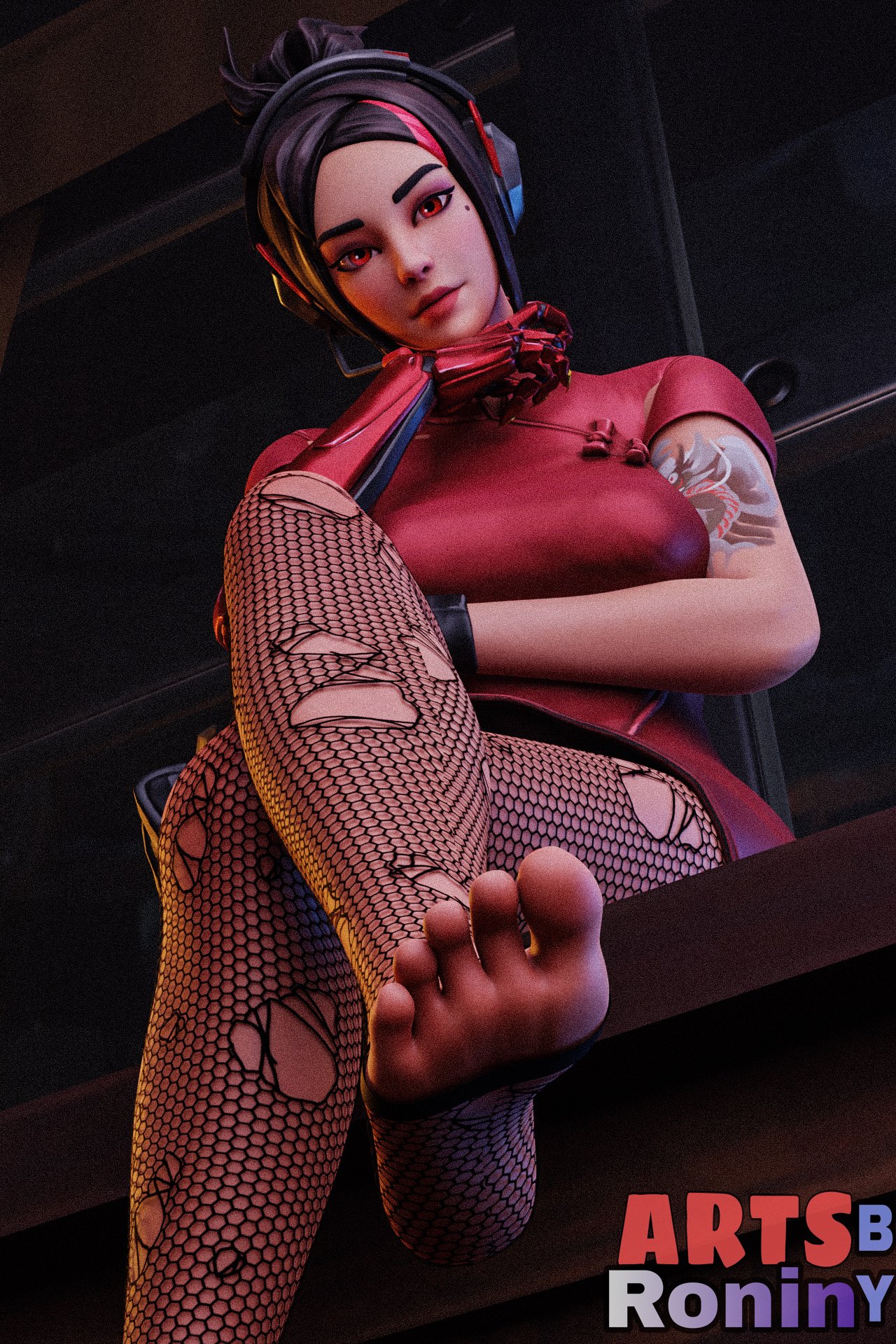 1girls, 3d, artsbyronin, barefoot, black hair, blender, breasts, clothed, clothing, crossed legs, demi (fortnite), dress, epic games, feet, female, female focus, female only, fishnet, fishnet legwear, fishnet pantyhose, fishnets, fortnite, headphones, headset, headwear, legs crossed, legwear, light skin, light-skinned female, looking at viewer, looking down, medium breasts, mole, mole under eye, pantyhose, presenting, presenting feet, prosthetic, prosthetic arm, red eyes, ripped clothing, ripped fishnets, ripped pantyhose, robotic arm, sitting, solo, solo focus, tattoo, tattoo on arm, tattooed arm, watermark