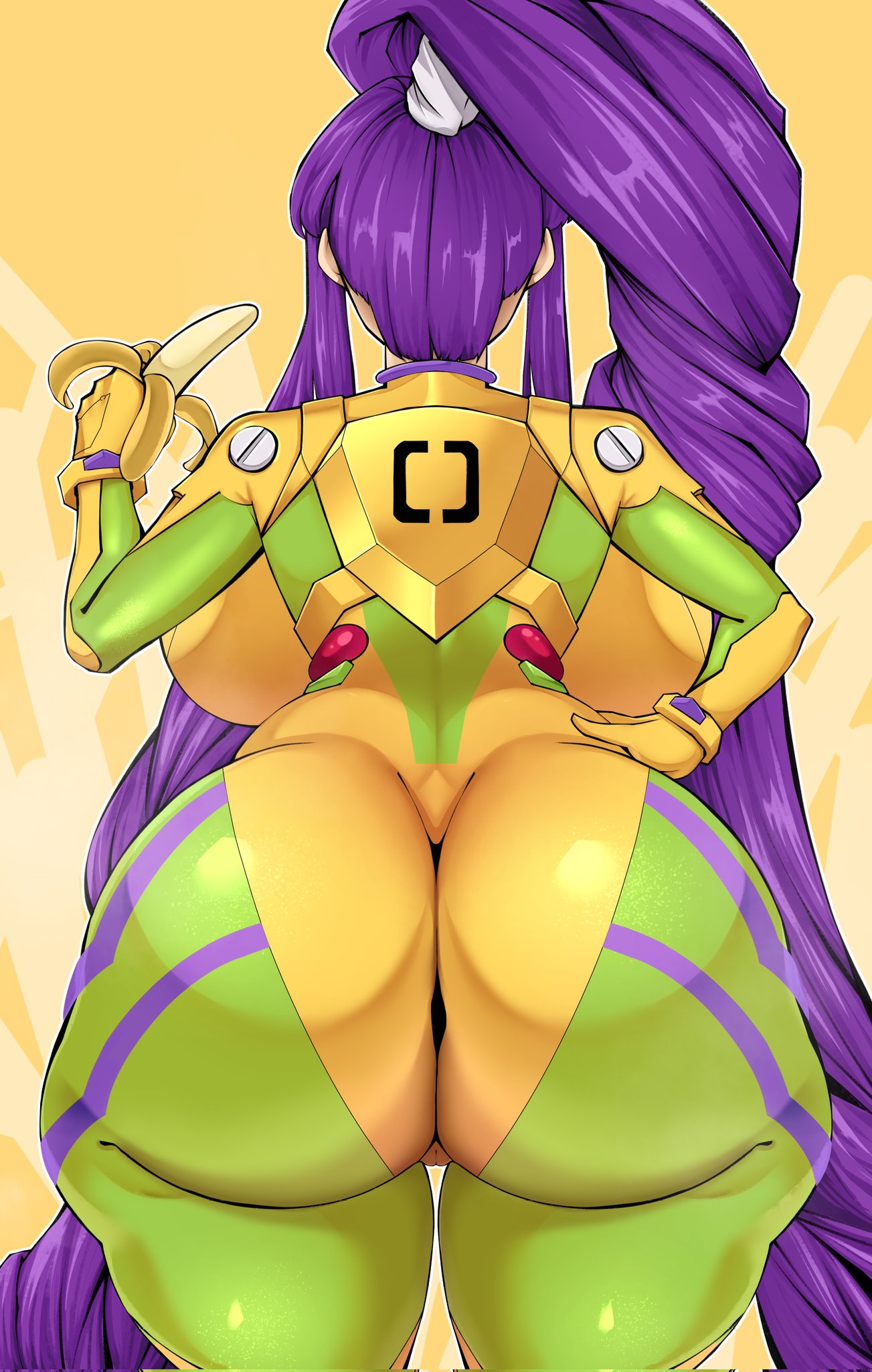 1girls, ass, ass focus, banana, big ass, big breasts, bodysuit, bottom heavy, breasts, bubble butt, busty, cameltoe, clothing, eiken, fat ass, female, female only, food, fruit, gluteal fold, hand on hip, huge ass, huge breasts, kirika misono, large ass, large breasts, long hair, massive ass, penpen (artist), purple hair, rear view, solo, thick ass, thick thighs, thunder thighs, wide hips