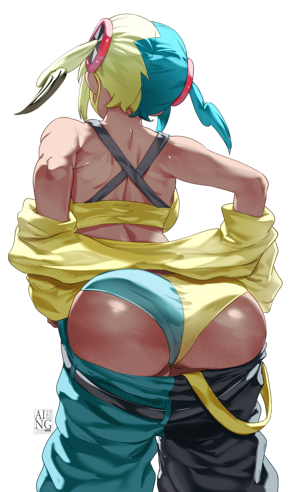 1girls, ass, back, bandeau, bare shoulders, belt, black pants, blonde hair, blue hair, blue panties, blue pants, breasts, canari (pokemon), canary (pokemon), clothes pull, dark skin, dark-skinned female, female, female only, highres, huge ass, jacket, large breasts, long sleeves, mask, medium hair, mouth mask, multicolored hair, multicolored panties, multicolored pants, nintendo, off shoulder, panties, pants, pokemon, pokemon legends: z-a, solo, split-color clothes, split-color hair, thighs, twintails, two-tone panties, two-tone pants, uenoryoma, underwear, yellow bandeau, yellow jacket, yellow panties
