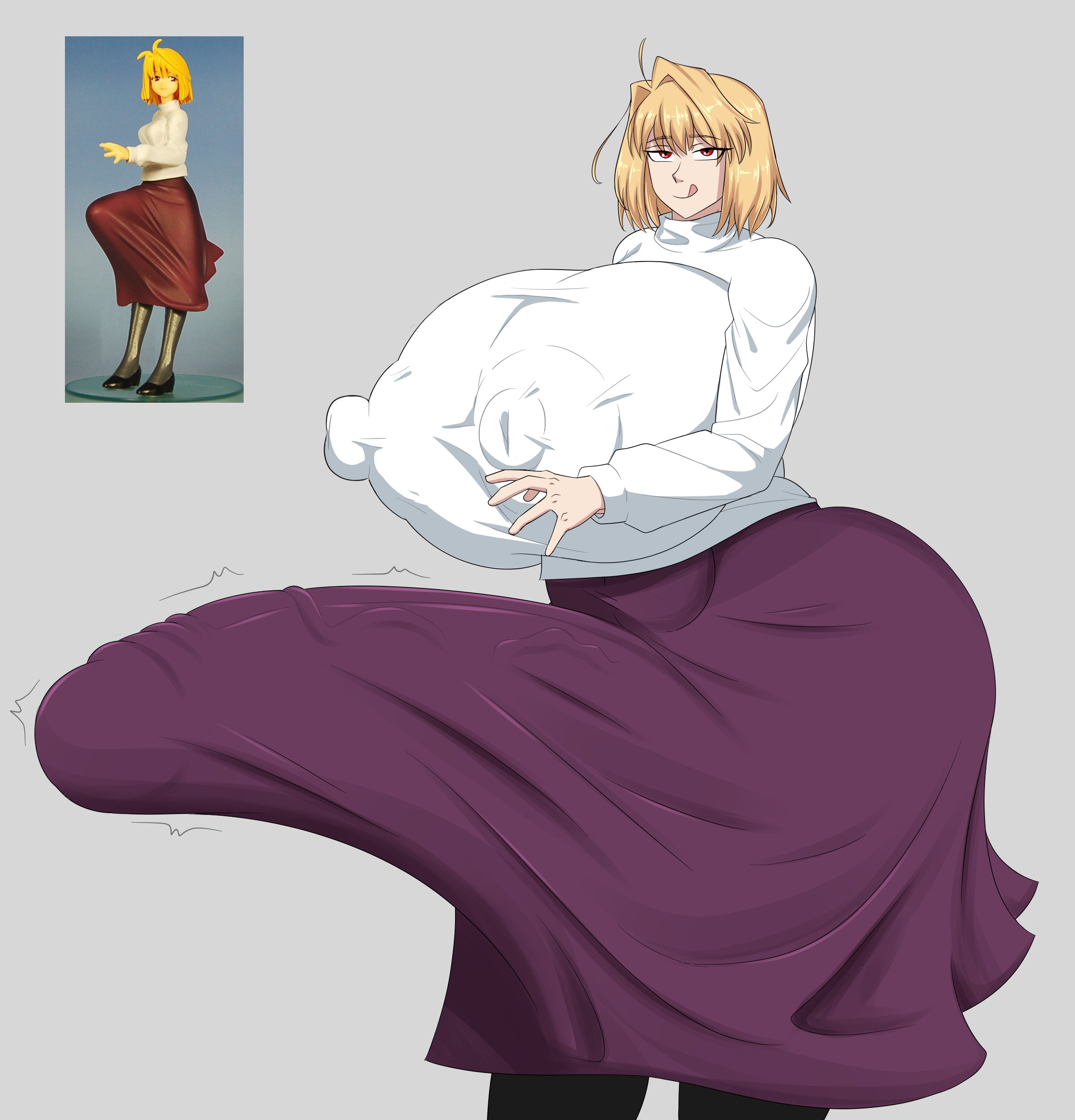 :p, 1futa, arcueid brunestud, big breasts, big penis, blonde futa, blonde hair, breasts bigger than head, busty, dick, dickgirl, erect penis, erection, erection under clothes, fat cock, futa only, futanari, horny, horny futa, hourglass figure, huge breasts, huge cock, hyper, hyper breasts, large breasts, large penis, melty blood arcueid figure (meme), meme, mostly clothed, parlona28, penis, penis under clothes, red eyes, reference image, smile, solo, solo futa, tongue out, tsukihime