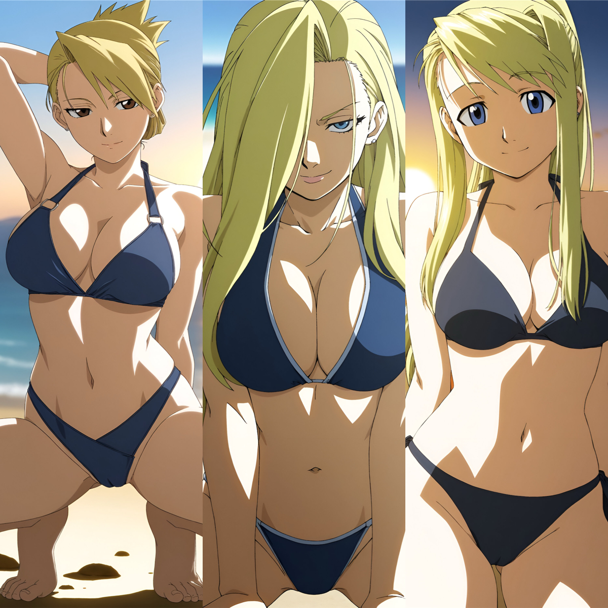 3girls, ai generated, bikini, black bikini, blonde hair, blue bikini, blue eyes, clothed, clothed female, duderu vanilla, female, female only, fullmetal alchemist, hair over one eye, halter bikini, halterneck, multiple girls, olivier mira armstrong, riza hawkeye, swimsuit, winry rockbell