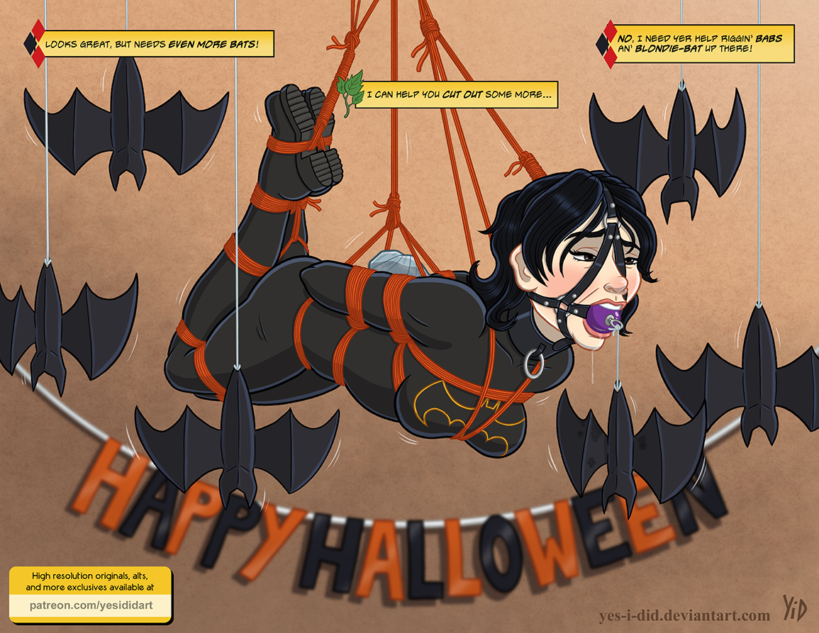 1girls, arms behind back, arms bound, arms bound behind back, asian, asian female, ass, ball gag, ball gagged, batgirl, batgirl (cassandra cain), batman (series), bdsm gear, black hair, bodysuit, bondage, boots, bound, bound ankles, bound arms, bound legs, bound wrists, breasts, cassandra cain, collar, costume, dc, dc comics, defeated, defeated heroine, deviantart link, deviantart username, dialogue, dominant, dominant female, domination, drool, drool on face, drool string, english, english text, female, female only, femdom, femsub, gag, gagged, gagged female, halloween, halloween decoration, halloween theme, hanging bondage, hanging from ceiling, heroine, heroine in trouble, motion lines, objectification, ornament, patreon url, patreon username, rope, rope between breasts, rope bondage, rope harness, ropes, submissive, submissive female, text, text box, unseen character, yes-i-did