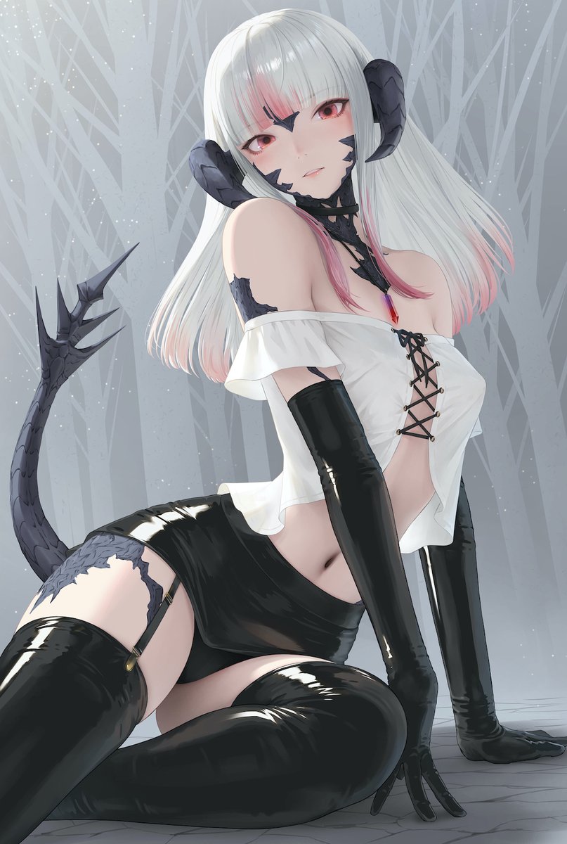 1girls, au ra, black gloves, black panties, black thighhighs, black underwear, comission, female, female only, final fantasy, final fantasy xiv, gloves, horns, long gloves, long hair, miniskirt, okoge lab, panties, red eyes, scales, shiny clothes, short skirt, skirt, tail, thighhighs, thighs, underwear, upskirt, white hair, xaela