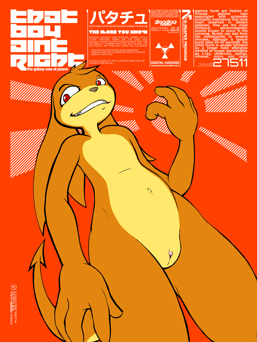 anthro clitoris color darkdoomer digimon english_text eyes female female_only flat_colors japanese_text nudity open_eyes patachu pussy red_eyes solo text translation_request vulva