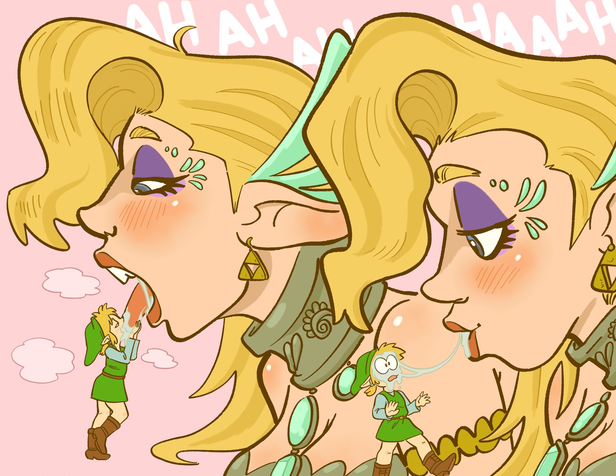 1boy, 1boy1girl, 1girls, 2d, 2d (artwork), blonde hair, cotera (great fairy), drinking saliva, drool, earrings, extreme size difference, eyeliner, eyeshadow, fairy, female, giant fairy, giant female, giantess, great fairy, hat, hylian, kiss, kissing, light-skinned female, link, lipstick, macro, macro female, makeup, making out, male, male/female, micro, nintendo, saliva, size difference, the legend of zelda, tinyfey, tongue kiss, tongue licking, tongue out, tunic