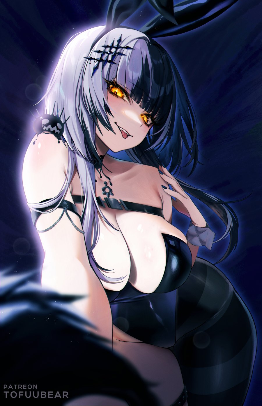 :p, 1girls, asymmetrical legwear, black choker, black dress, black hair, breasts, choker, cleavage, dress, female, female only, grey hair, hair ornament, highleg, highleg leotard, highres, hololive, hololive english, large breasts, leotard, looking at viewer, mismatched legwear, multicolored hair, shiori novella, shiori novella (1st costume), smile, solo, split-color hair, strapless, strapless leotard, tofuubear, tongue, tongue out, two-tone hair, virtual youtuber, yellow eyes