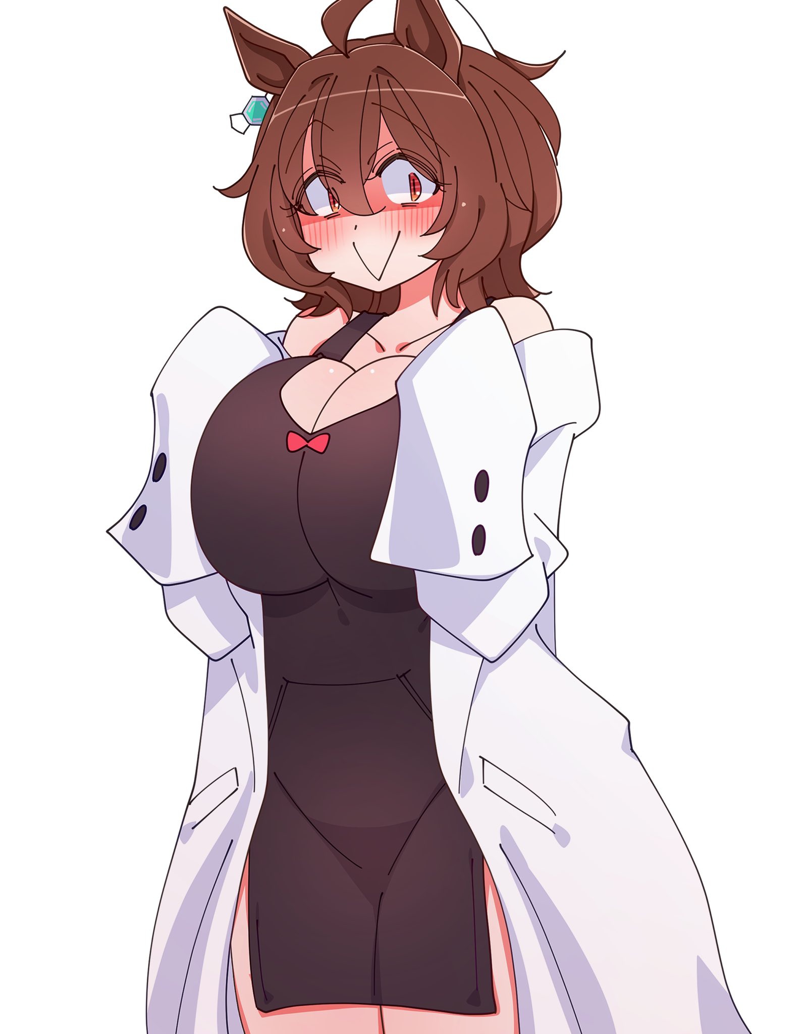 :>, 1girls, 2026, agnes tachyon (umamusume), animal ears, big breasts, breasts, brown hair, clothed, clothing, color, female, female only, hair, hi res, huge breasts, kaijin debeso, light skin, light-skinned female, looking at viewer, looking down, mouth closed, red eyes, simple background, smile, solo, thick thighs, thighs, umamusume, umamusume pretty derby, white background