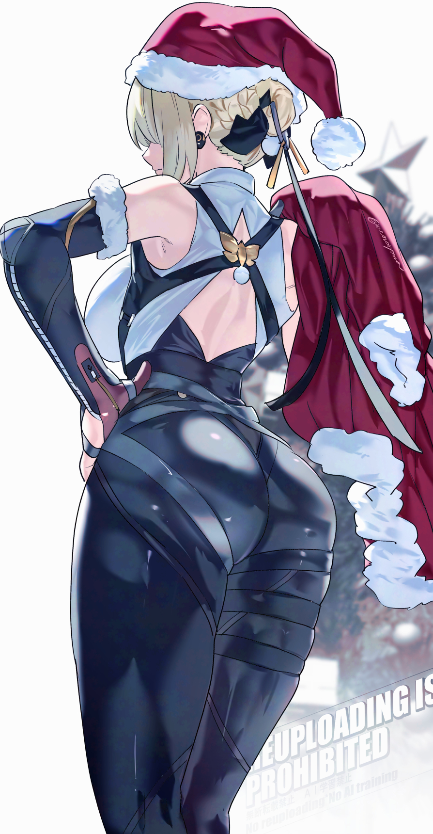 1girls, ass, ass focus, bare shoulders, blonde hair, breasts, christmas, evelyn chevalier, female, female only, from behind, gloves, hair bun, hair over one eye, hat, highres, jacket, large breasts, pants, santa hat, short hair, sideboob, solo, tight clothes, tight pants, uenoryoma, unworn jacket, zenless zone zero