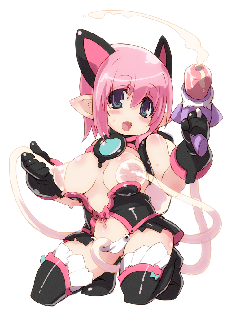 1girls animal_ears bare_shoulders blush boots breasts cat_ears deathlock-san female gloves kneeling lactation large_breasts milking milking_machine open_mouth original pink_hair pointy_ears short_hair solo sweat thigh_boots thighhighs zankuro