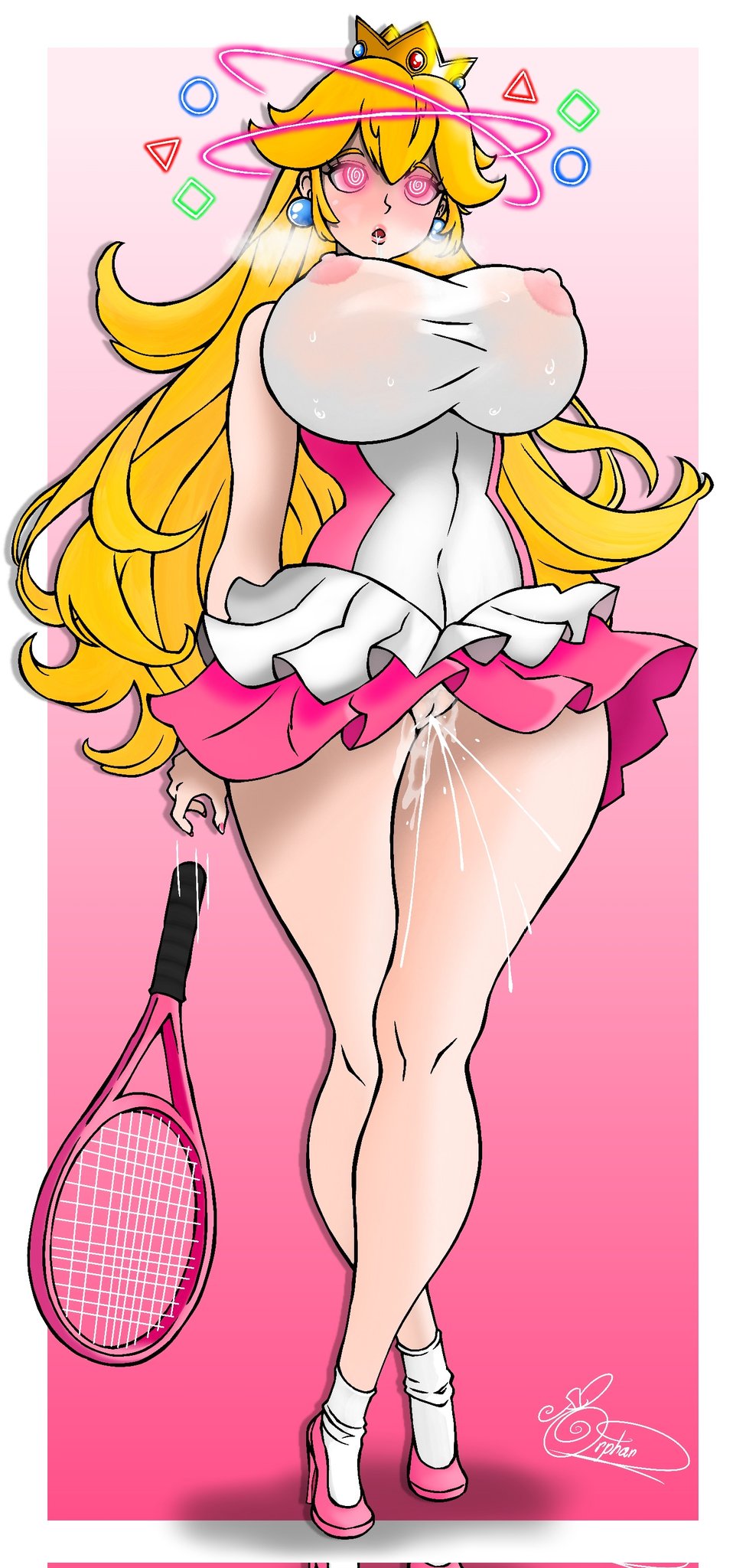 1girl, cumming, drool, drooling, entranced, erect nipples, exposed pussy, glowing eyes, hypnosis, large breasts, mario (series), mind control, nintendo, orphan2, princess peach, see-through, solo, spiral eyes, squirting, tennis racket, tennis uniform, thick thighs, tight clothing, upskirt, wet, wet pussy
