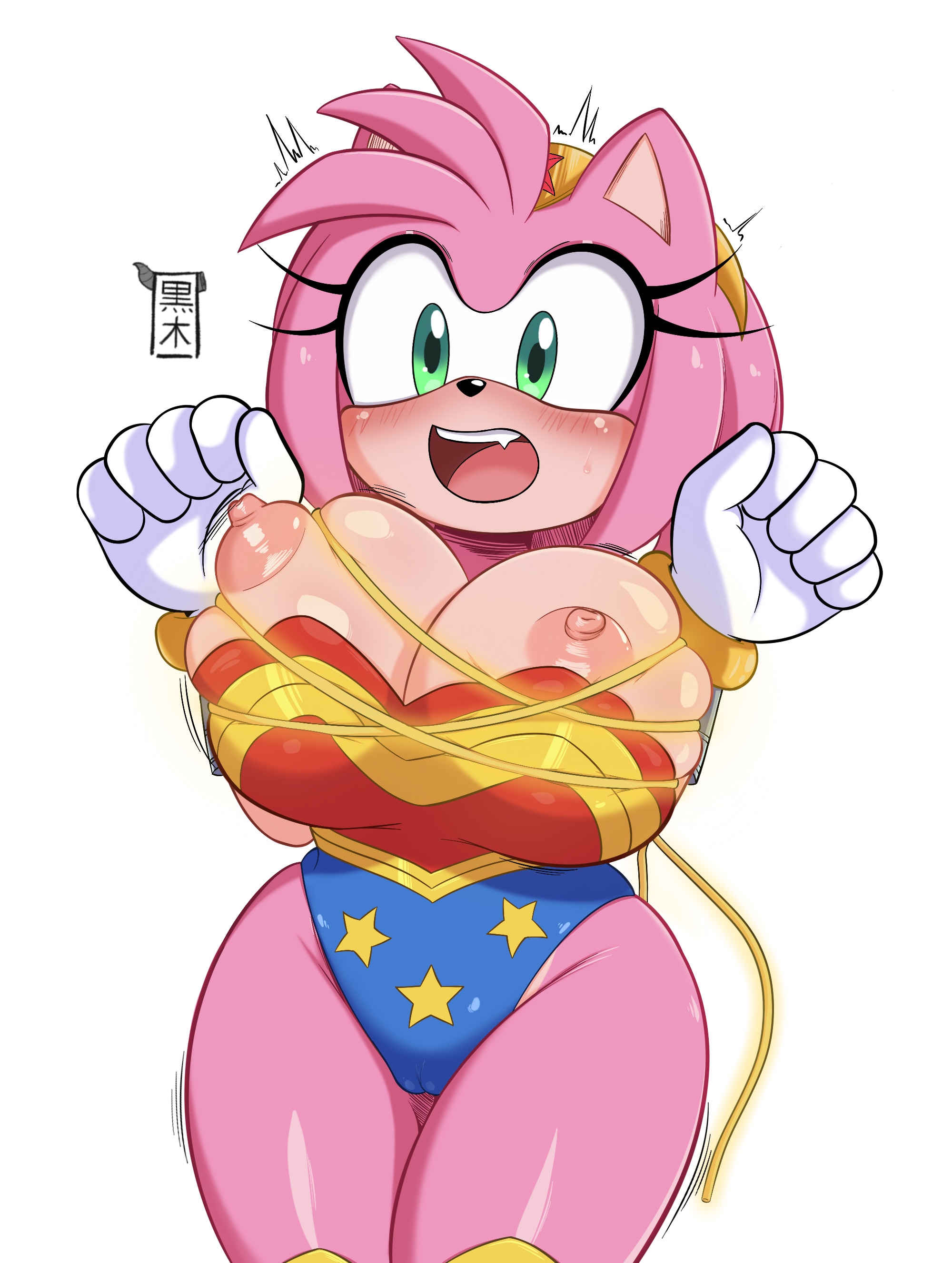 1girls, amy rose, animal ears, anthro, areolae, big breasts, blush, bondage, breasts, breasts out, cameltoe, cosplay, dc, dc comics, exposed breasts, female, female only, gloves, green eyes, hips, huge breasts, kurokiart97, lasso of truth, leotard, nipples, pink body, pink skin, sega, solo, solo female, sonic (series), sonic the hedgehog (series), superhero costume, white gloves, wonder woman (cosplay)