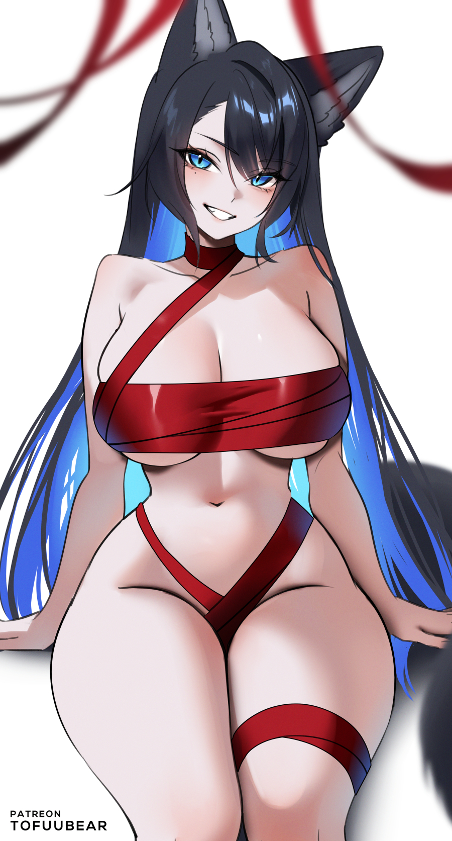 animal ears, blue eyes, blue hair, blush, breasts, cleavage, colored inner hair, commentary, english commentary, female, female only, highres, large breasts, long hair, multicolored hair, naked ribbon, narrow waist, original, red ribbon, reiko (tofuubear), ribbon, simple background, smile, solo, thighs, tofuubear, white background