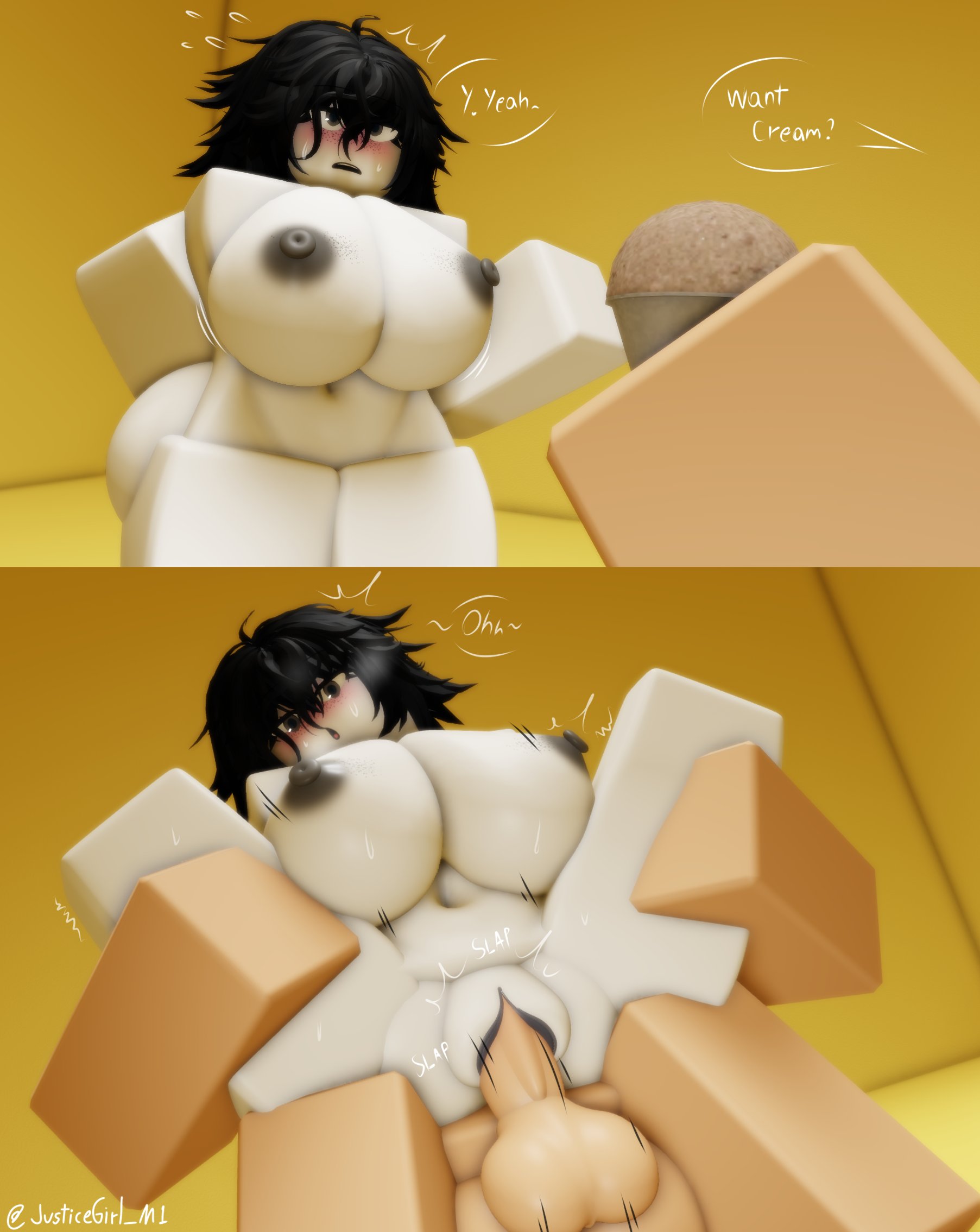 1boy, 1boy1girl, 1girls, 3d, 3d (artwork), balls, ballsack, boobs, breasts, cock, commission, cupcake, dessert, dialogue, dick, english, english dialogue, english text, female, food, hair, holding object, jpeg, jpg, justicegirl m1, light skin, light-skinned male, male, male/female, naked, naked female, naked male, nipples, nude, nude female, nude male, pale skin, pale-skinned female, penis, pussy, pussy sex, roblox, roblox avatar, robloxian, sex, text, tits, unknown male, vagina, vaginal penetration, vaginal sex