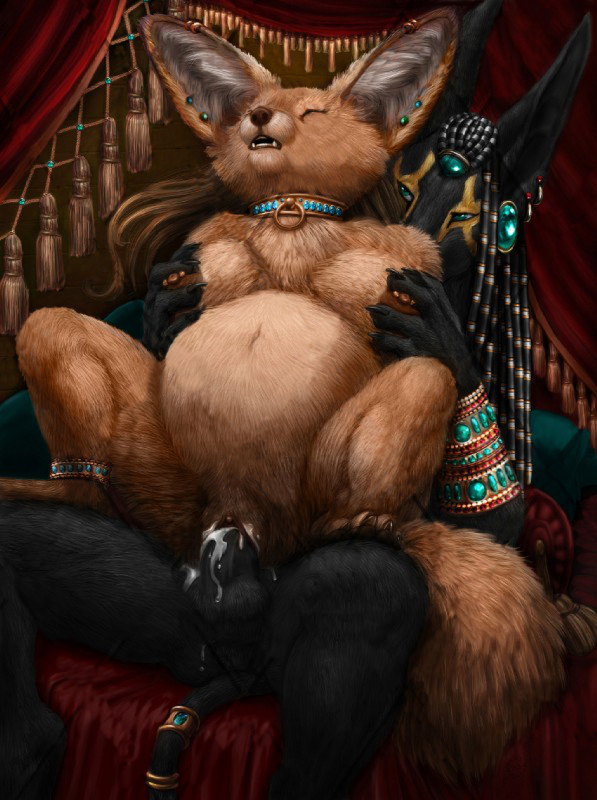 anklet anthro anubian_jackal anubis armlet balls belly big_belly black_fur black_hair black_penis breasts brown_fur brown_hair canine chair_position claws clitoris closed_eyes collar cum cum_in_pussy cum_inside cum_on_self curtains dark_natasha deity dreadlocks duo ear_piercing erection eye_contact female fennec fluffy fluffy_tail fox from_behind_position fur green_eyes grope hair inner_ear_fluff interspecies jackal jewelry knot looking_pleasured male male_penetrating mammal mousebabe navel nipples nude open_mouth overweight ownership palace penetration penis piercing pregnant pussy royal sex spread_legs spreading straight tan_fur teeth vaginal_penetration