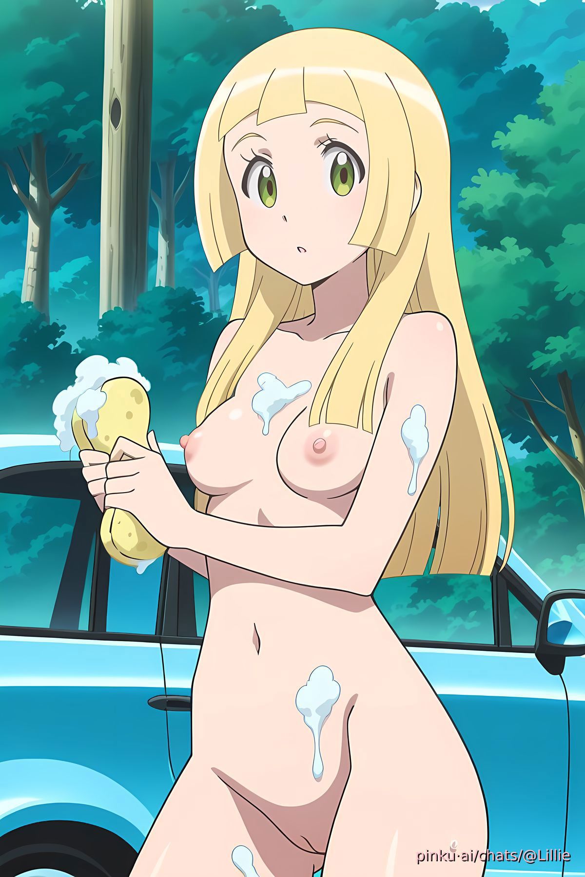 ai generated, blonde hair, blue car, breasts, car wash, exhibitionism, lillie (pokemon), lv99slime, medium breasts, naked, naked female, naked outside, nipples, nude, nude female, outdoors, pokemon, public nudity, pussy, soap on body, soapy breasts, sponge, vagina, wet body, wet skin