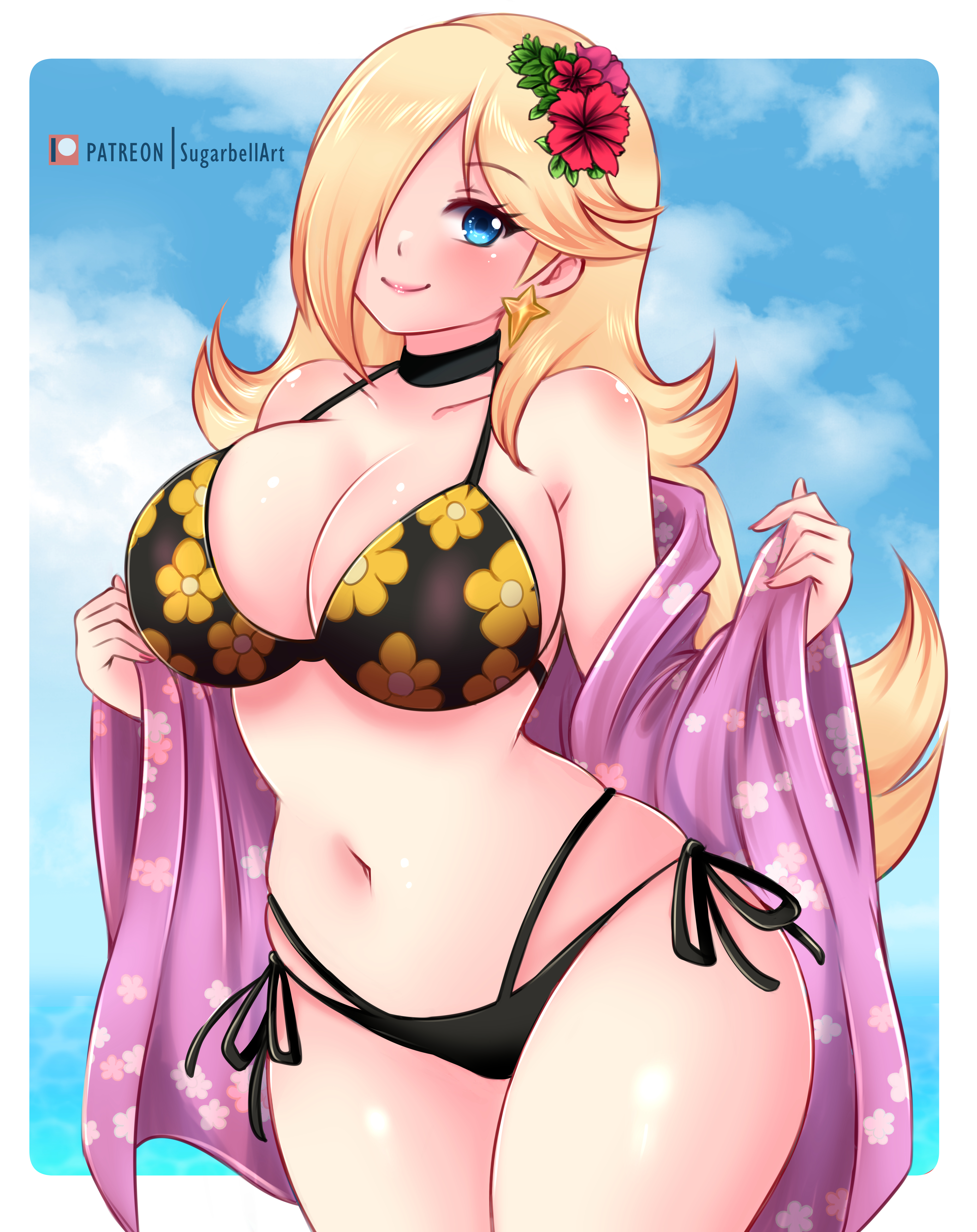 bathrobe, bikini, black bikini, blonde hair, blue eyes, blush, breasts, choker, cleavage, cloud, collarbone, cosplay, crossover, earrings, female, female only, floral print, flower, gyaru, hair flower, hair ornament, hair over one eye, jewelry, kitagawa marin, kitagawa marin (cosplay), large breasts, long hair, long sleeves, looking at viewer, mario (series), navel, nintendo, ocean, open clothes, open robe, pink flower, princess rosalina, print bikini, print robe, purple robe, red flower, robe, rosalina, side-tie bikini bottom, sky, smile, sono bisque doll wa koi wo suru, standing, star (symbol), star earrings, sugarbell, super mario galaxy, swimsuit, undressing, water, wide sleeves