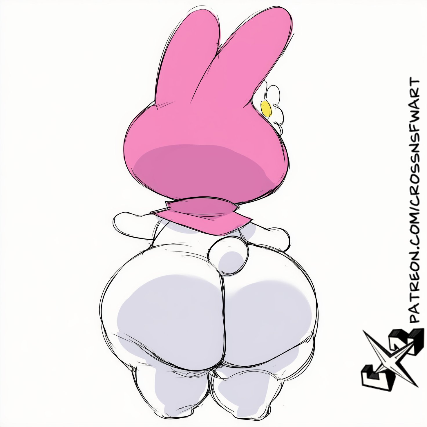 1girls, 2d, 2d (artwork), ass, ass focus, big ass, bottom heavy, crossnsfw, lagomorph, leporid, mammal, my melody, rabbit, sanrio, shortstack, solo, solo female, solo focus, unseen female face, white background, white body