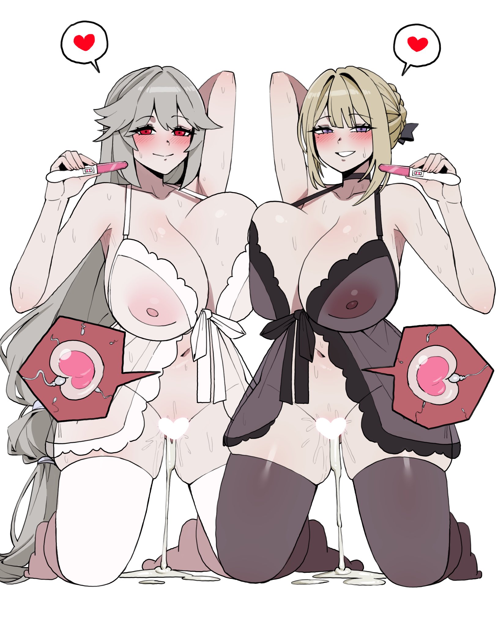2girls, alexandrina sebastiane, big breasts, black legwear, black thighhighs, blonde hair, blush, breasts, censored, censored pussy, clothing, cum, cum in pussy, cum inside, evelyn chevalier, female, female focus, female only, heart, heart censor, horny, horny female, impregnation, kneeling, kneeling female, large boobs, large breasts, long hair, looking at viewer, nipples, ovum, ovum deformation, pregnancy test, pussy, se7ena 0905, smile, spread legs, thighhighs, translucent, translucent clothing, white background, white legwear, white thighhighs, wide hips, x-ray, zenless zone zero