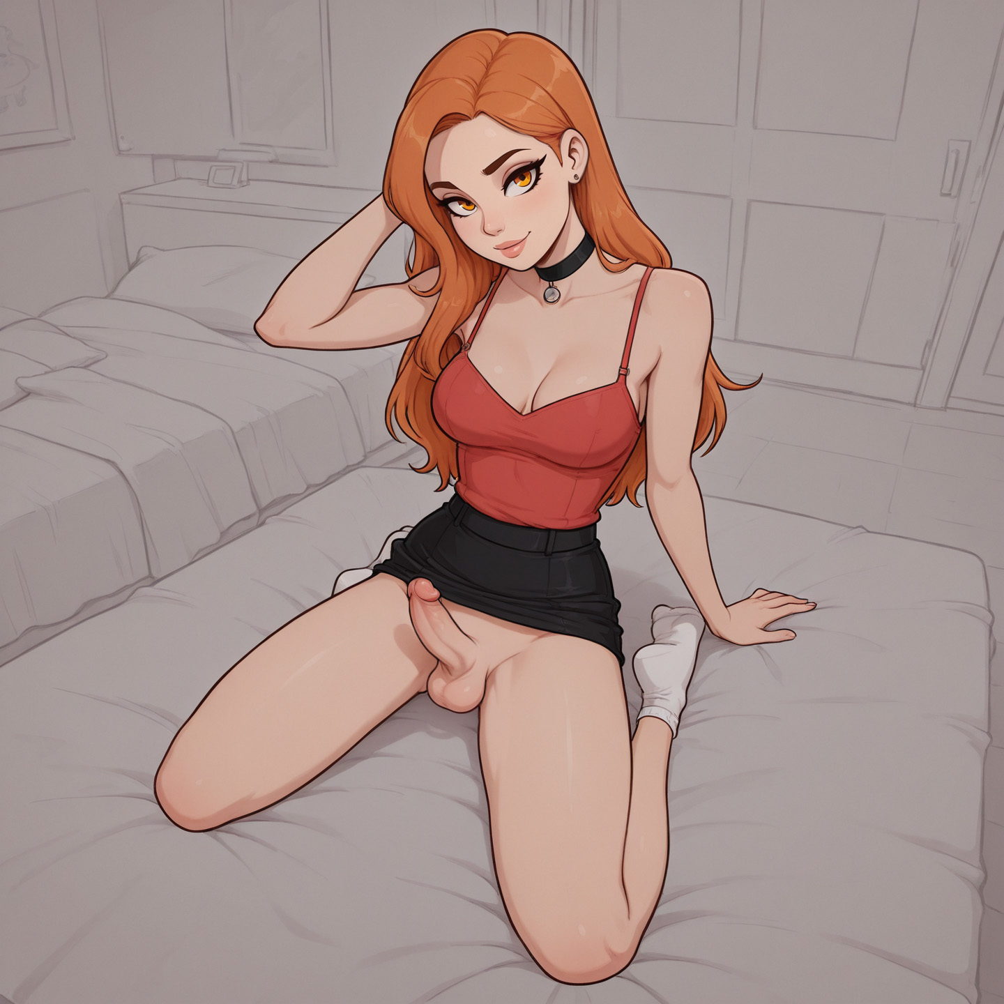 1futa, ai generated, bed, boobly, camisole, choker, from above, full body, futanari, kneeling, medium breasts, orange hair, skirt, socks, solo, upskirt
