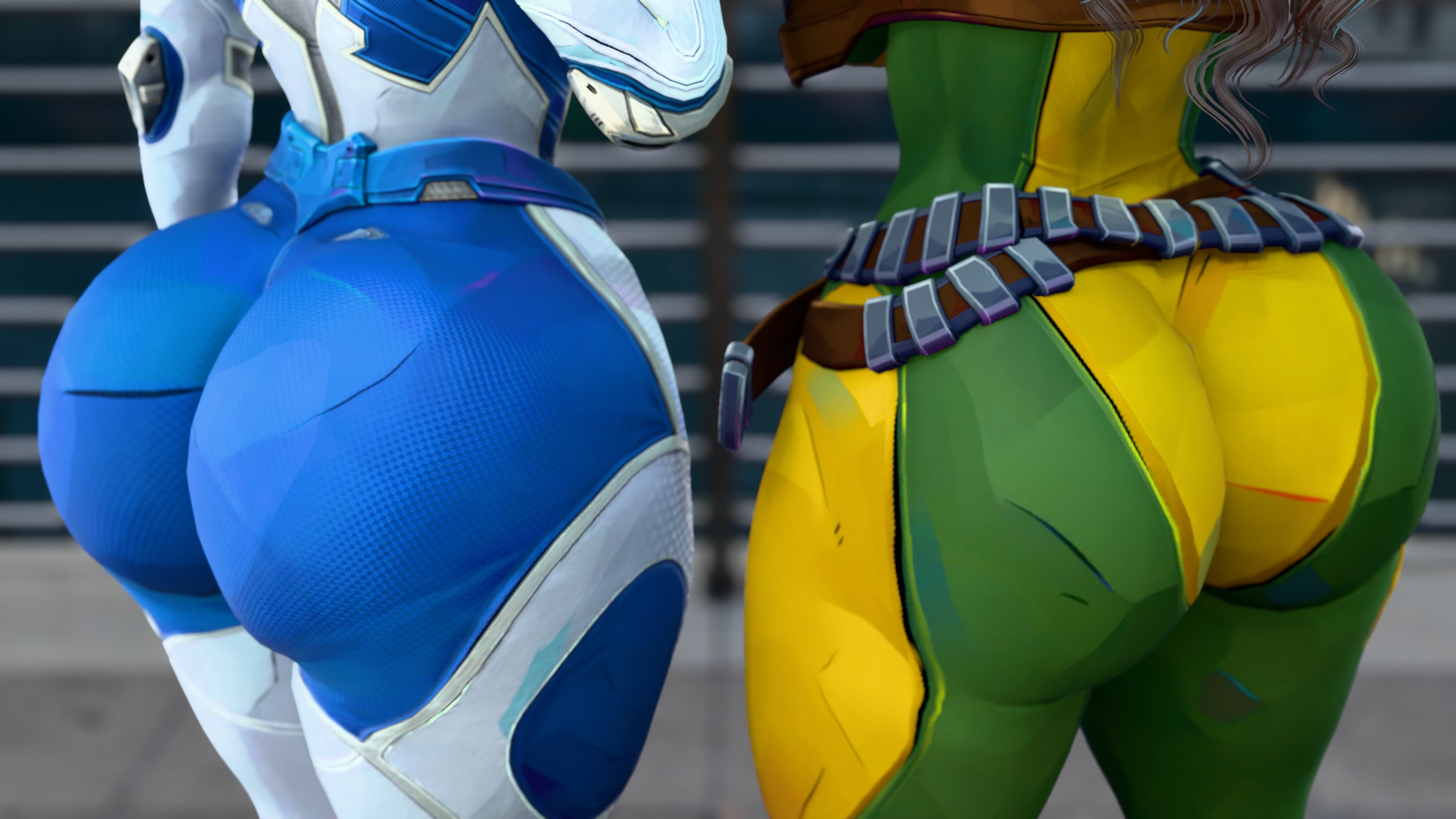 2girls, 3d, ass, ass focus, big ass, bottom heavy, bubble butt, close-up, close-up ass, cpt-flapjack, double ass focus, female, female only, huge ass, invisible woman, invisible woman (marvel rivals), marvel, marvel rivals, rogue (marvel rivals), rogue (x-men), standing, sue storm, thick ass, thick thighs, x-men