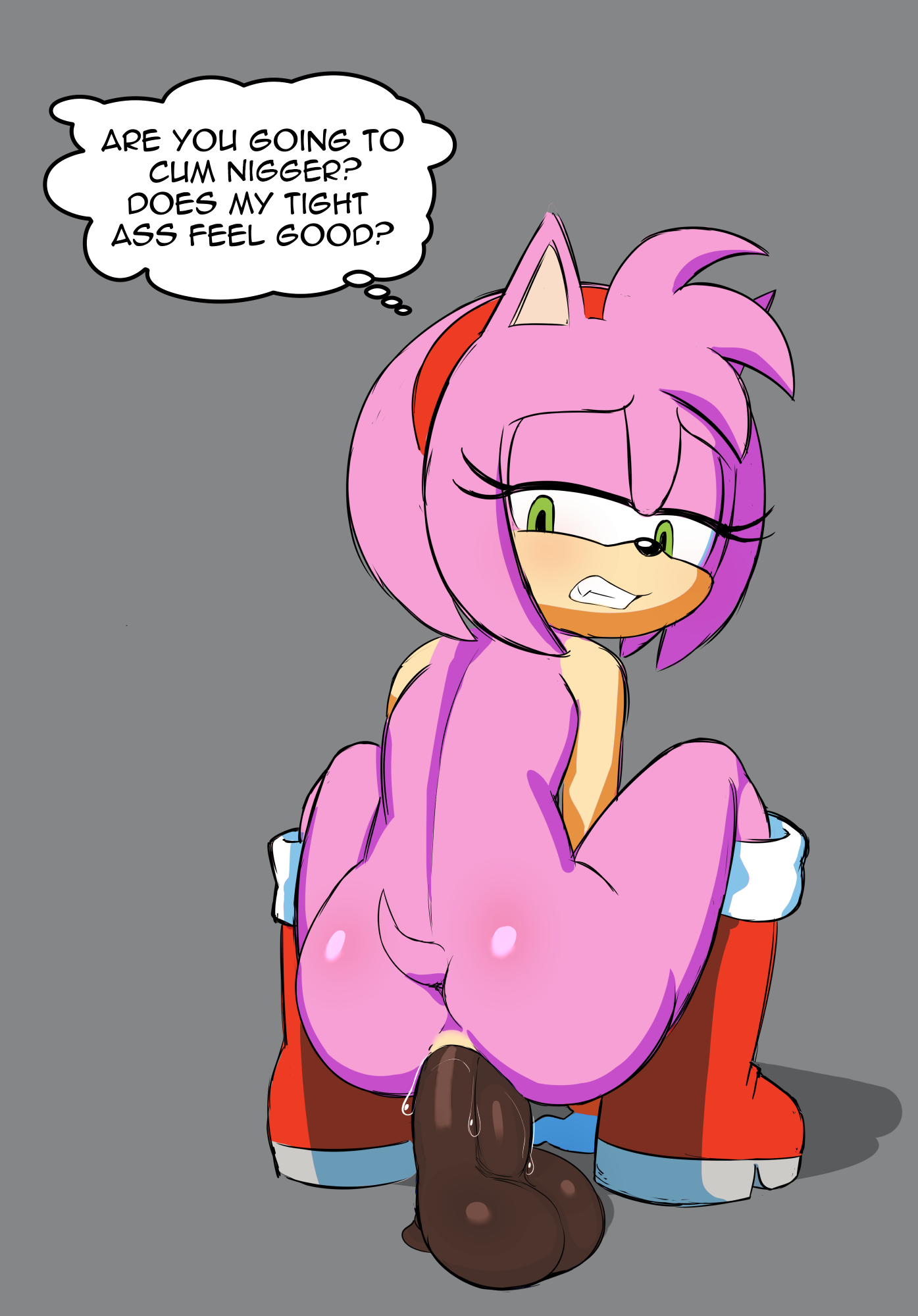 1girls, amy rose, anal, anal sex, anus juice, ass, boots, caption, clenched teeth, dark-skinned dildo, digitalkaiju, dildo, edit, female, female only, furry, green eyes, half-closed eyes, headband, hedgehog, interracial, looking back, penetration, pink fur, racial slur, racism, racist girl, sex, sex toy, sketch, solo, sonic (series), squat, squatting, squatting cowgirl position, squatting on dildo, squatting position, tail, text, the n word