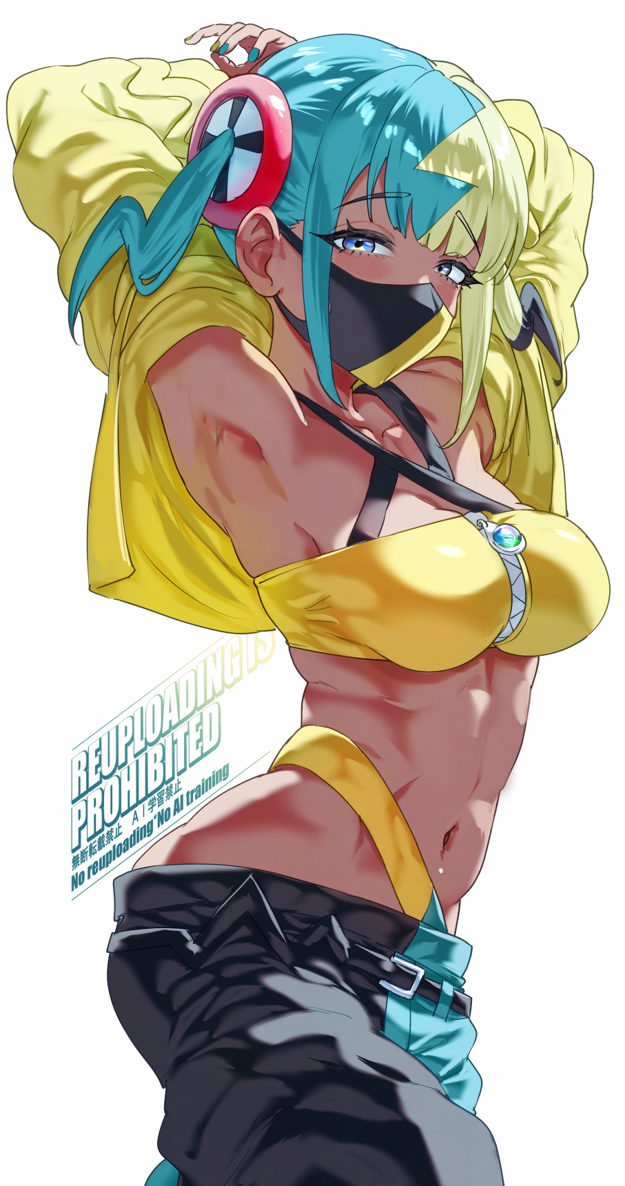 1girls, bare shoulders, blonde hair, blue eyes, blue hair, blue nails, breasts, canari (pokemon), canary (pokemon), cleavage, female, female only, highres, jacket, large breasts, long sleeves, looking at viewer, mask, mouth mask, multicolored hair, nail polish, navel, nintendo, pokemon, pokemon legends: z-a, solo, split-color hair, twintails, two-tone mask, uenoryoma, yellow jacket, yellow nails