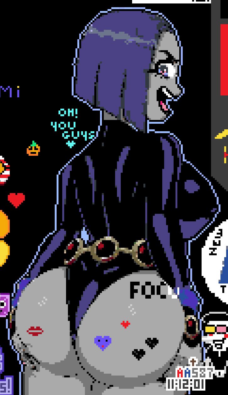 ass, big ass, breasts, dc, dc comics, female, looking at viewer, looking back, looking back at viewer, open mouth, partially nude, pixel art, purple hair, rachel roth, raven (dc), smile, smiling, smiling at viewer, solo, solo female, solo focus, teen titans, wplace, wplace (artwork)