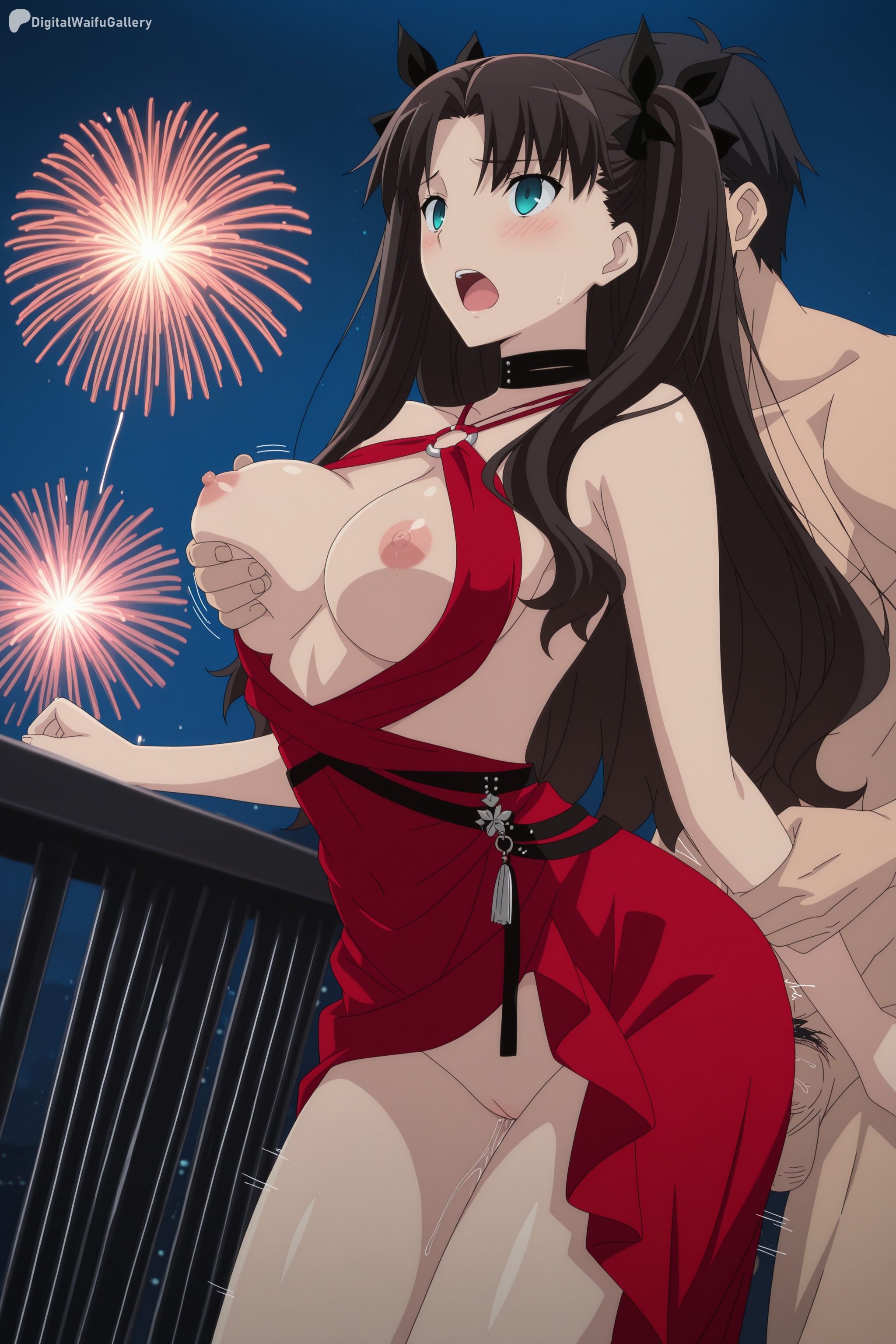 1boy, ai generated, aqua eyes, bangs, black bow, black hair, blue eyes, blush, breast grab, breasts, choker, digitalwaifugallery, dress, fate (series), fate/grand order, fate/stay night, female, fireworks, grabbing, grabbing from behind, hi res, high quality, high resolution, long hair, medium breasts, nipples, nude, open mouth, outdoors, patreon, pubic hair, pussy, red dress, ribbon, seductive, sexy, shiny, standing, tohsaka rin, two side up, uncensored, watermark