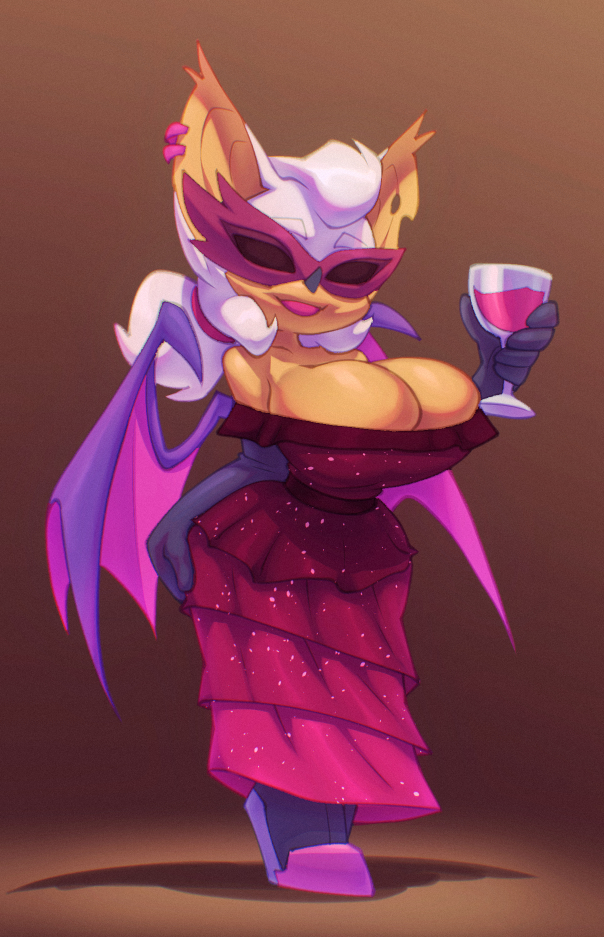 2d, 2d (artwork), 2d artwork, anthro, barely contained breasts, barely fits, bat, bat wings, big breasts, bigdad, cleavage, drink, ear, ear piercing, earrings, female, orange body, orange fur, rouge the bat, sega, solo, sonic (series), sonic the hedgehog (series), sunglasses, tight dress, tight fit, too tight, white hair, wings
