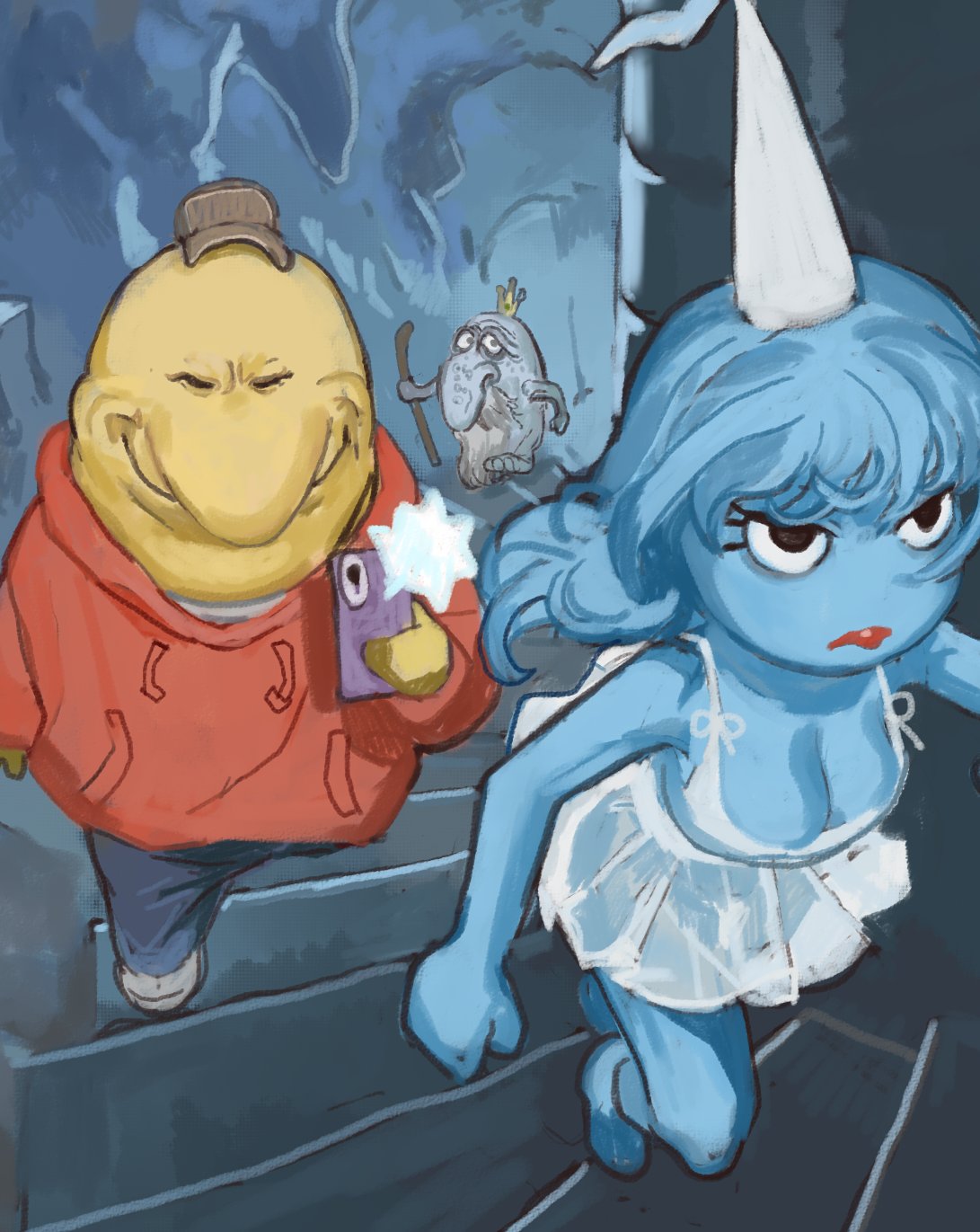 1girls, 2boys, big breasts, blue body, blue hair, blue skin, cellphone, charlie (smiling friends), cleavage, creepshot, dress, humanoid, monster girl, mossa, phone, princess, princess shmaloogle, red lipstick, smile, smiling friends, upskirt, upskirt photo, yellow body