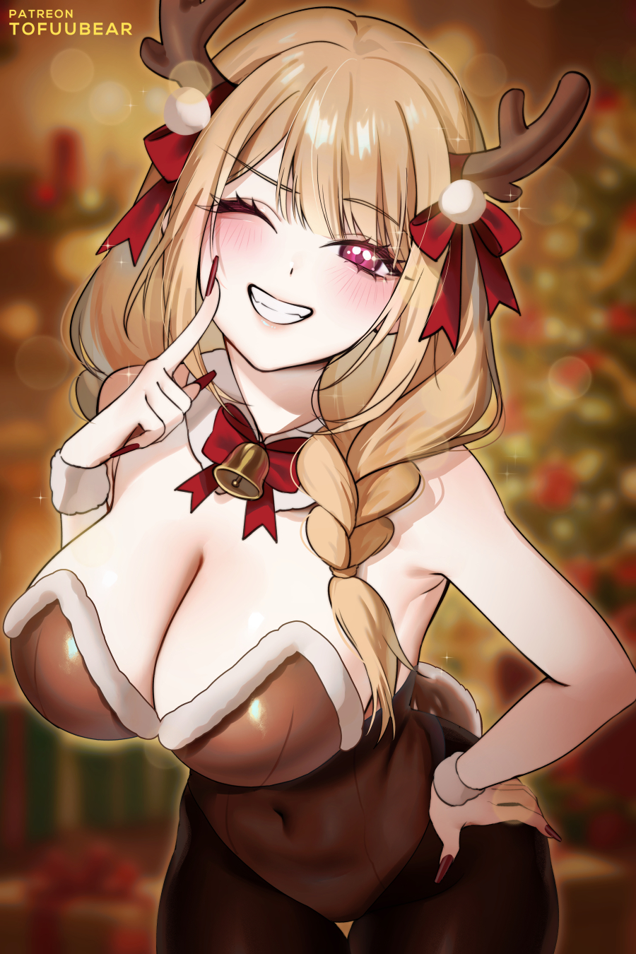 1girls, antlers, bare arms, bare shoulders, bell, blonde hair, blurry, blurry background, blush, breasts, brown leotard, christmas, cleavage, commentary, covered navel, deer antlers, deer tail, english commentary, female, female only, fingernails, grin, gyaru, hand on own hip, hand up, highres, horns, kitagawa marin, large breasts, leaning forward, leotard, long fingernails, long hair, looking at viewer, nail polish, one eye closed, paid reward available, pantyhose, patreon username, pink eyes, red nails, smile, sono bisque doll wa koi wo suru, tail, teeth, tofuubear