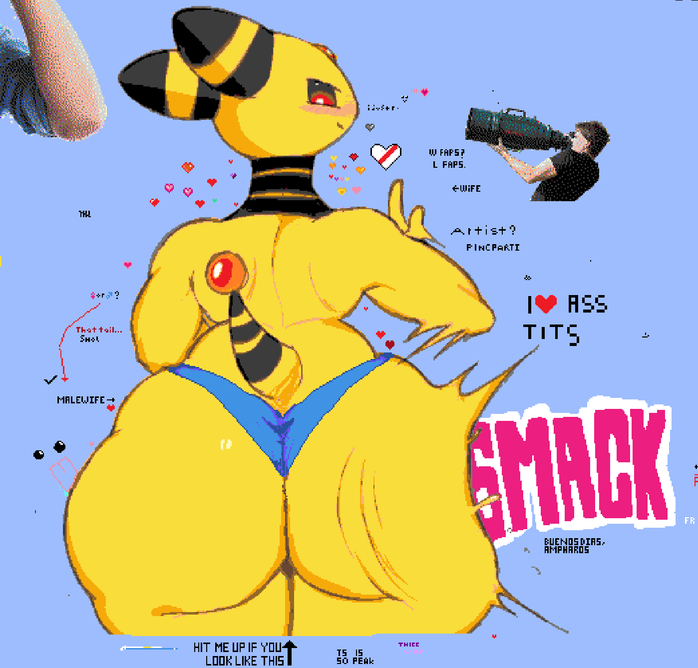 ampharos, ass, big ass, big butt, bubble butt, femboy, generation 2 pokemon, girly, looking at viewer, looking back, looking back at viewer, nintendo, pincparti, pixel art, pokemon, pokemon (species), striped ears, striped neck, striped tail, stripes, topless, wplace, wplace (artwork), yellow body, yellow skin