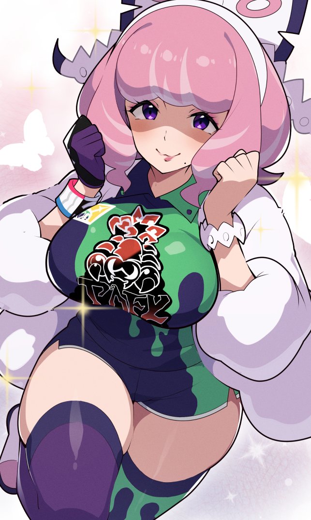 1girls, bow, bracelet, breasts, clenched hands, collared shirt, drill hair, drill sidelocks, dynamax band, eyeshadow, female, female only, flipped hair, fur jacket, hairband, hairbow, hands up, jacket, jewelry, klara (pokemon), large breasts, makeup, mituyota 76, mole, mole under mouth, nintendo, pink eyeshadow, pink hair, pink lips, pokemon, pokemon ss, pokemon swsh, print shirt, print shorts, purple eyes, ring, shaded face, shirt, short hair, shorts, side slit, side slit shorts, sidelocks, smile, solo, thick thighs, thighs, two-tone shirt, two-tone shorts, two-tone thighhighs, white bow, white hairband