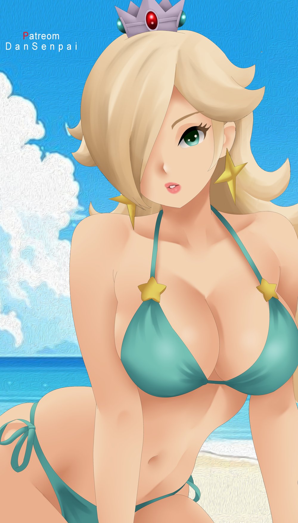 1girls, beach, big breasts, bikini, blonde female, blonde hair, blue bikini, crown, dansenpai, looking at viewer, nidavellirstudios, nintendo, princess rosalina, solo, solo female, star earrings, super mario galaxy