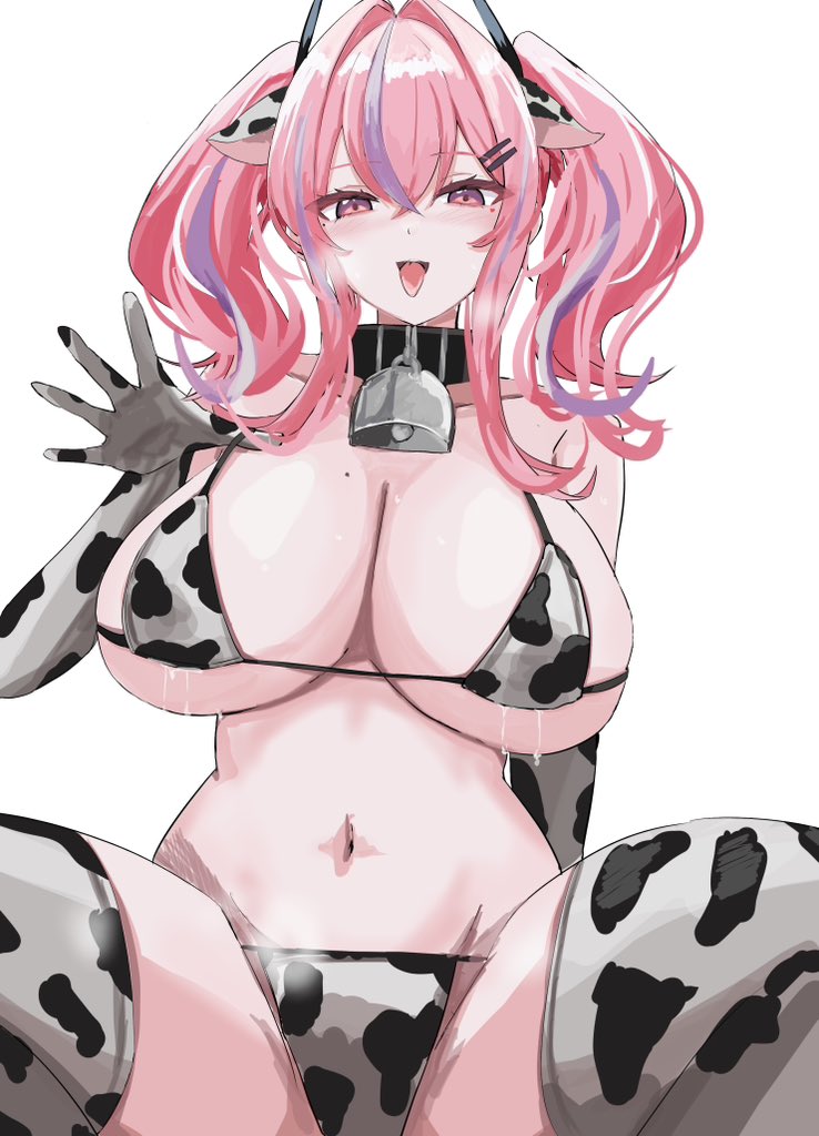 1girl, absurdres, alternate costume, animal ear hairband, animal ears, animal print, azur lane, bare shoulders, bell, bikini, black collar, blush, breasts, bremerton (azur lane), cleavage, collar, collarbone, commentary, cow ear hairband, cow ears, cow print, cow print bikini, cow print gloves, cow print thighhighs, cowbell, fake animal ears, gloves, grey streaks, groin, hair between eyes, hair intakes, hair ornament, hairband, highres, lactation, lactation through clothes, large breasts, long hair, looking at viewer, mole, mole on breast, mole under eye, multicolored hair, navel, neck bell, open mouth, pink eyes, pink hair, print bikini, print gloves, print thighhighs, sidelocks, simple background, smile, solo, squatting, stomach, streaked hair, swimsuit, thighhighs, tongue, tongue out, triangle bikini top, twintails, two-tone hair, white background