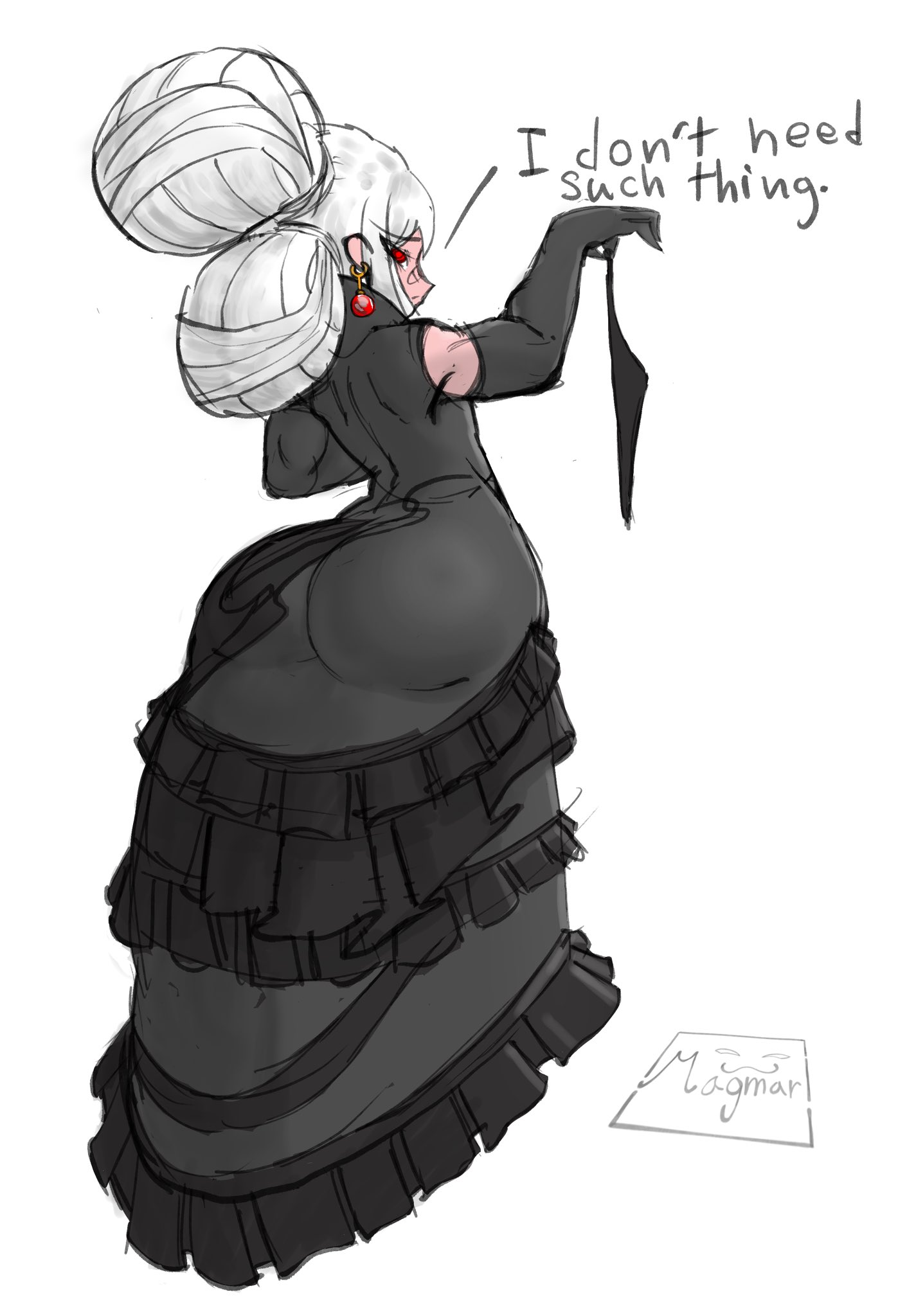 annoyed, ass, ass bigger than head, ass cleavage, ass crack, ass focus, ass visible through clothes, ass visible through thighs, bandage, bandage on nose, bandaid on face, bandaid on nose, black clothing, bubble ass, bubble butt, burbuja (magmarl), butt crack, butt focus, clothes, clothing, dialogue, dominant, double hair bun, dress, dressed, earrings, fancy, fancy clothing, fancy dress, female, gloves, hair bun, hair buns, holding panties, huge ass, huge butt, huge thighs, hyper ass, hyper butt, hyper thighs, lady, looking annoyed, looking at viewer, looking back, magmarl, massive ass, massive butt, massive thighs, mommy, mommy dom, no panties, panties, plump, plump ass, red eyes, shortstack, speech, thick, thick ass, thick butt, thick hips, thick legs, thick thighs, thighs, thighs bigger than head, thighs bigger than torso, white hair